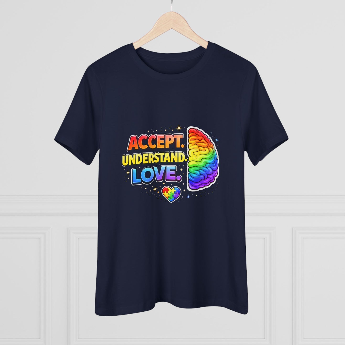 Accept Understand Love Rainbow Brain Women's Tee — LGBTQ+ Pride Mental Health Awareness Shirt