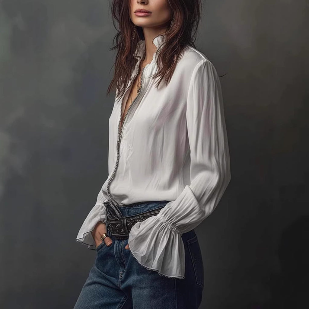 Western Bohemian Ruffle Sleeve Shirt for Women Casual Vacation Style