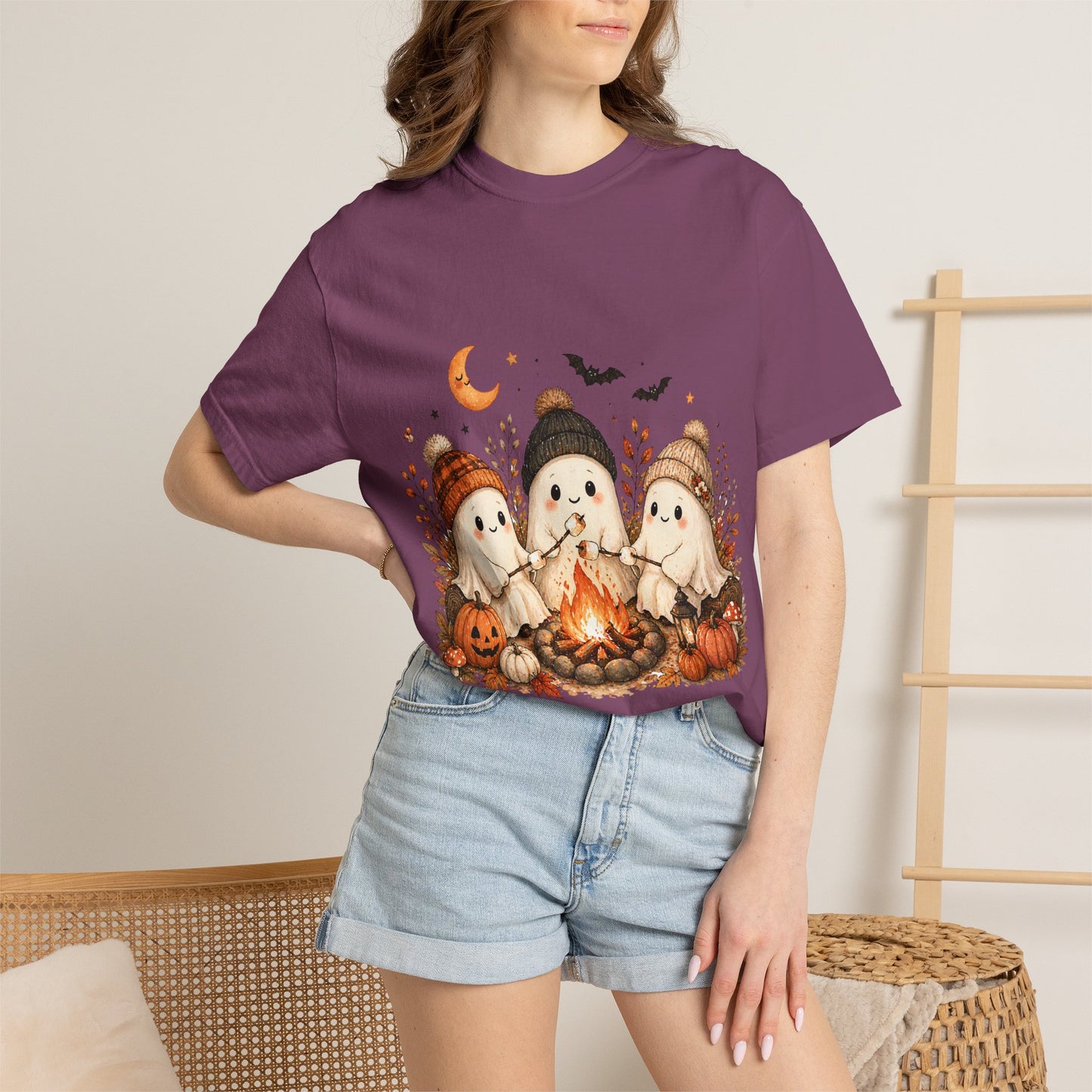 Halloween Ghost Trio Campfire T-Shirt — Cute Spooky Pumpkin Tee
