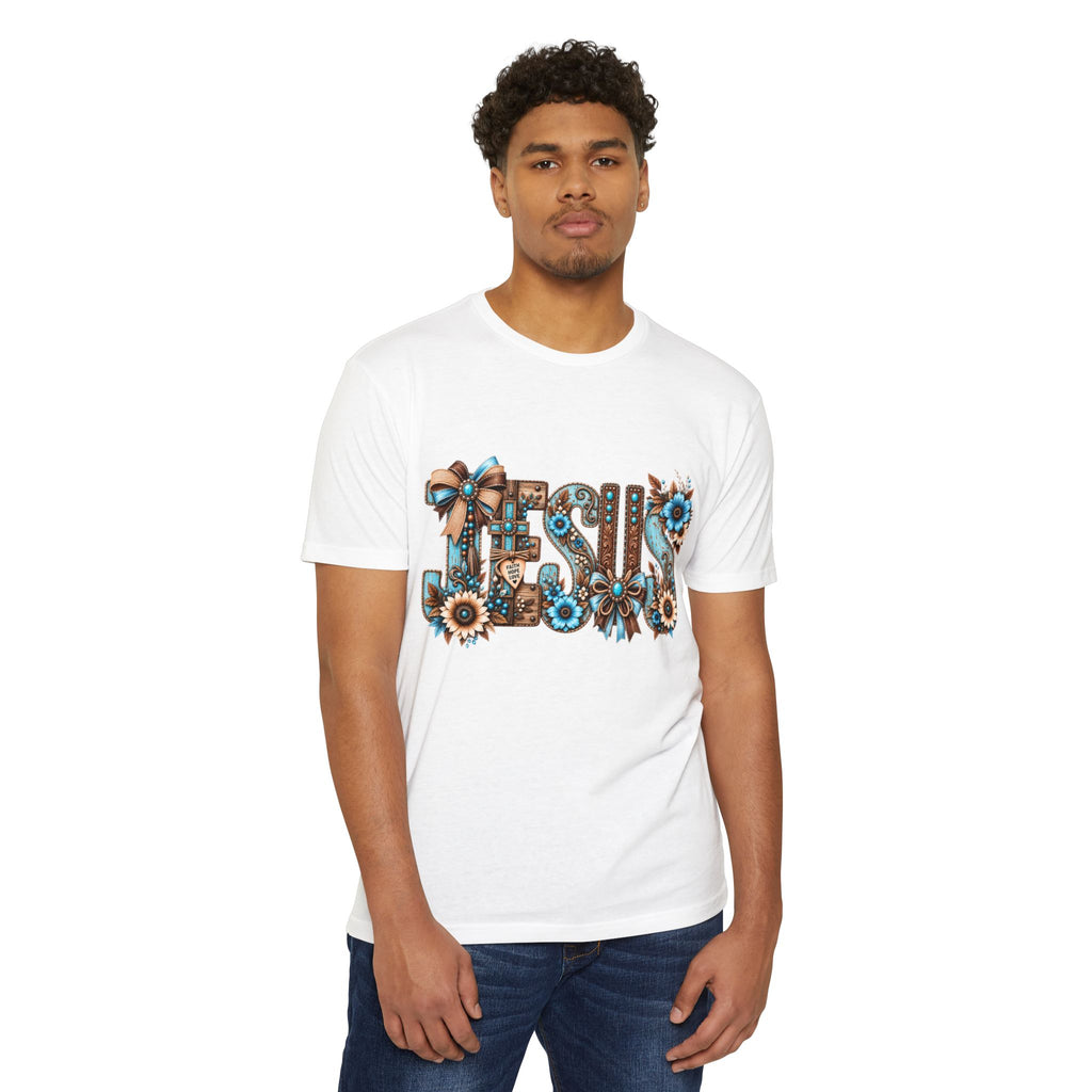 Jesus Floral Typography T-Shirt — Rustic Blue & Brown Christian Tee