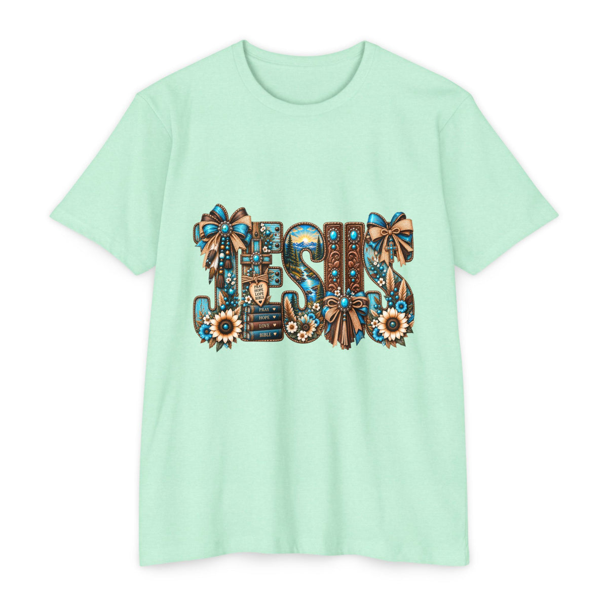 Jesus Floral Graphic T-Shirt — Decorative Faith Tee with Bows & Sunflowers