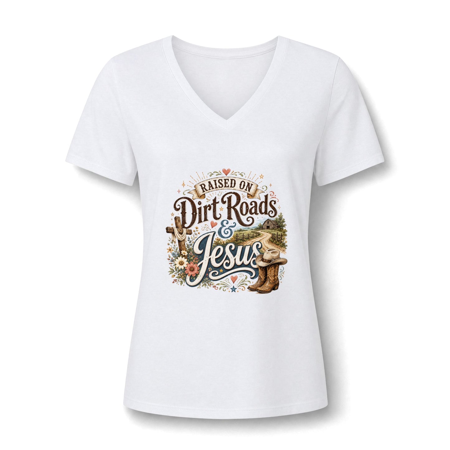 V-Neck Tee — "Raised on Dirt Roads & Jesus" Graphic Women’s Shirt
