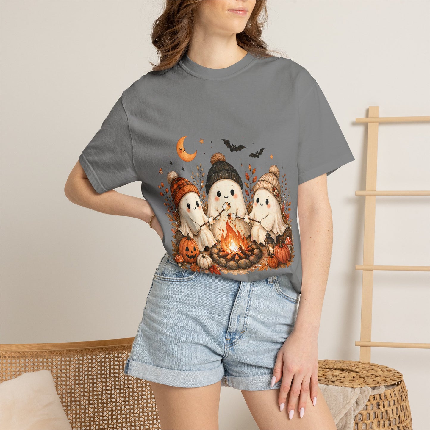 Halloween Ghost Trio Campfire T-Shirt — Cute Spooky Pumpkin Tee