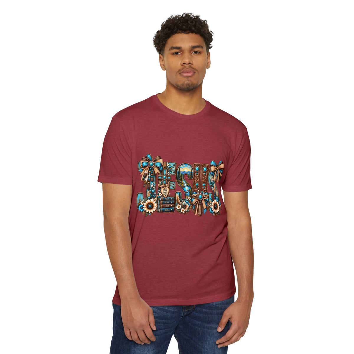 Jesus Floral Graphic T-Shirt — Decorative Faith Tee with Bows & Sunflowers