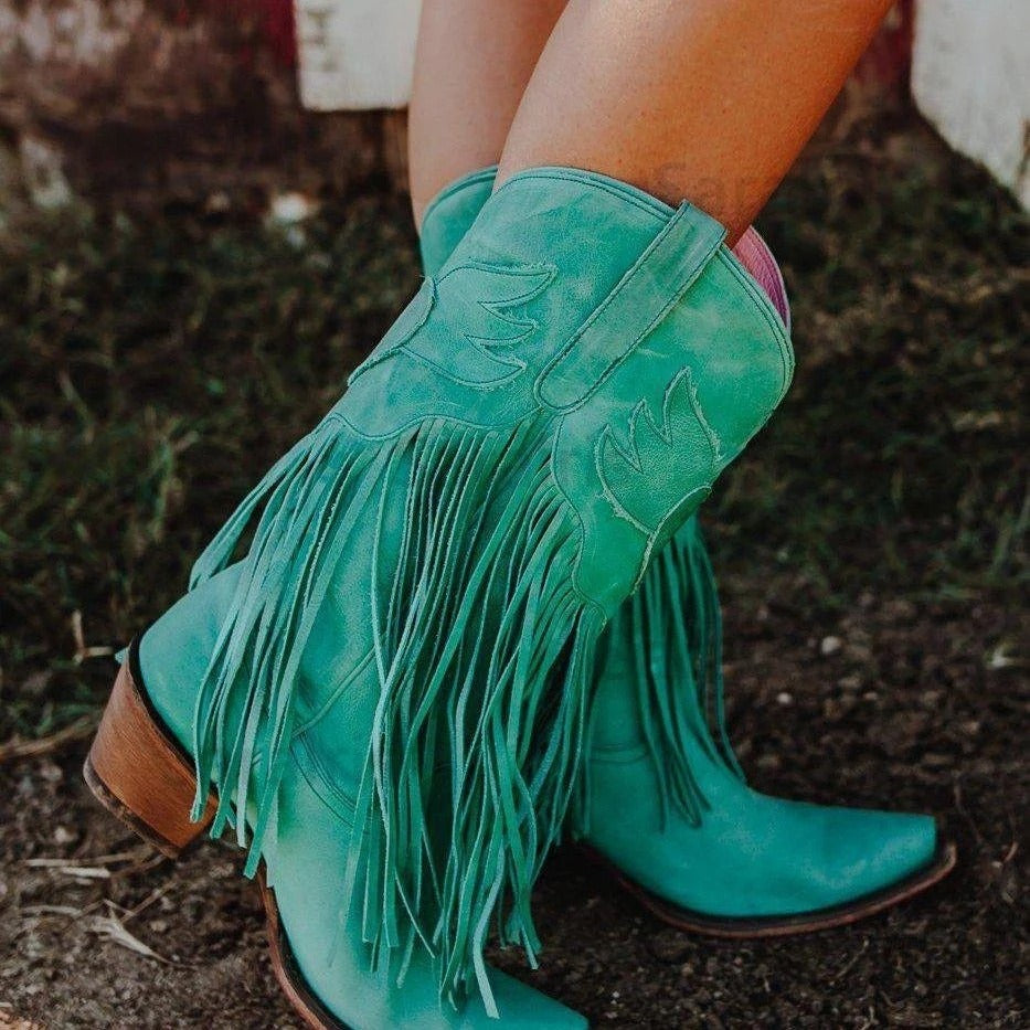 Fashion Women Cowboy Boots Retro Tassel Mid Boots Thick Heel Pointed Toe Western Woman Boots