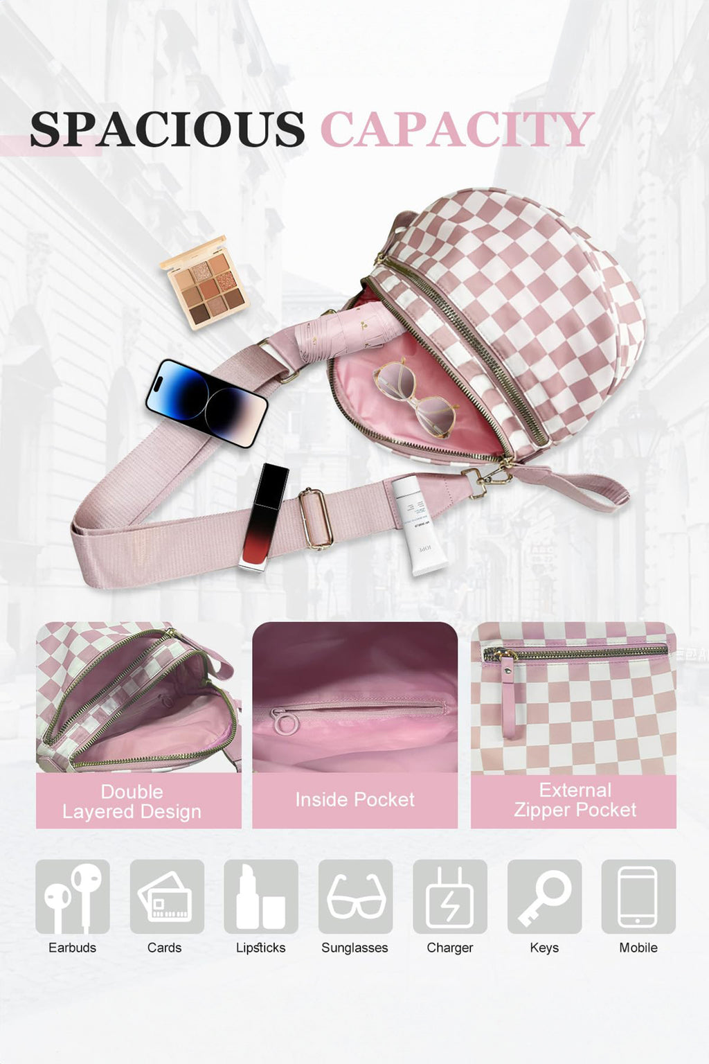 Mist Blue Checkered Print Wide Strap Large Crossbody Bag