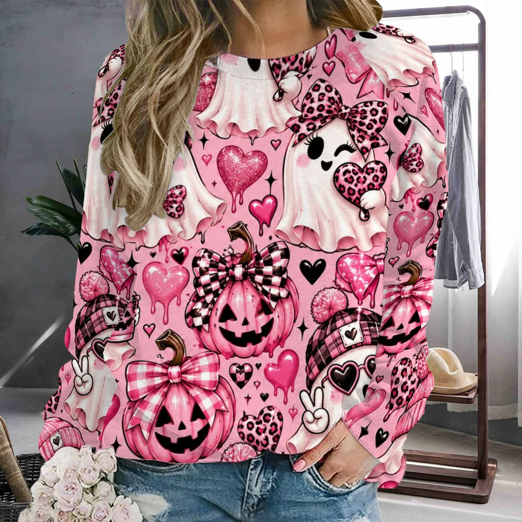 Raglan Crewneck Sweatshirts Women Kawaii Pink Ghosts Halloween Pattern (2)
