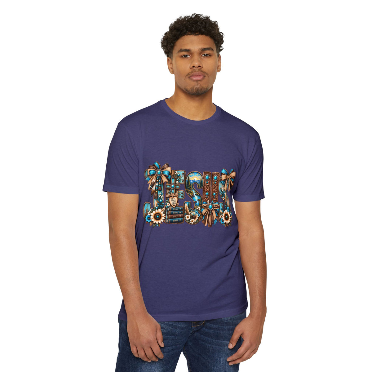 Jesus Floral Graphic T-Shirt — Decorative Faith Tee with Bows & Sunflowers