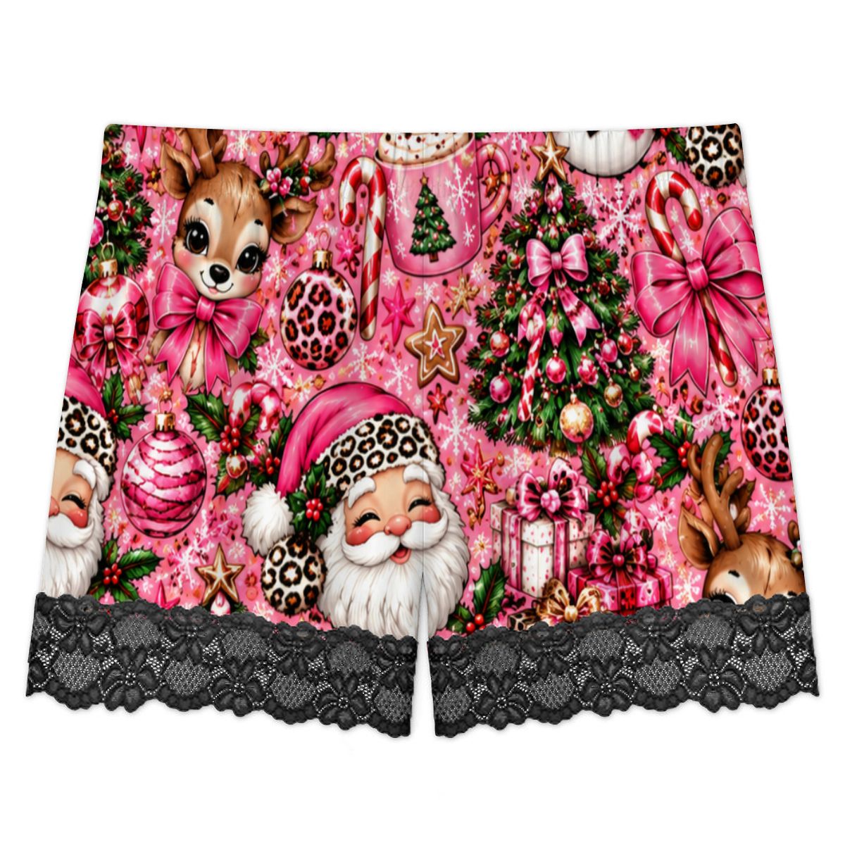 Women Cami Lace Pajama Set Glamorous Pink Christmas Wonderland
