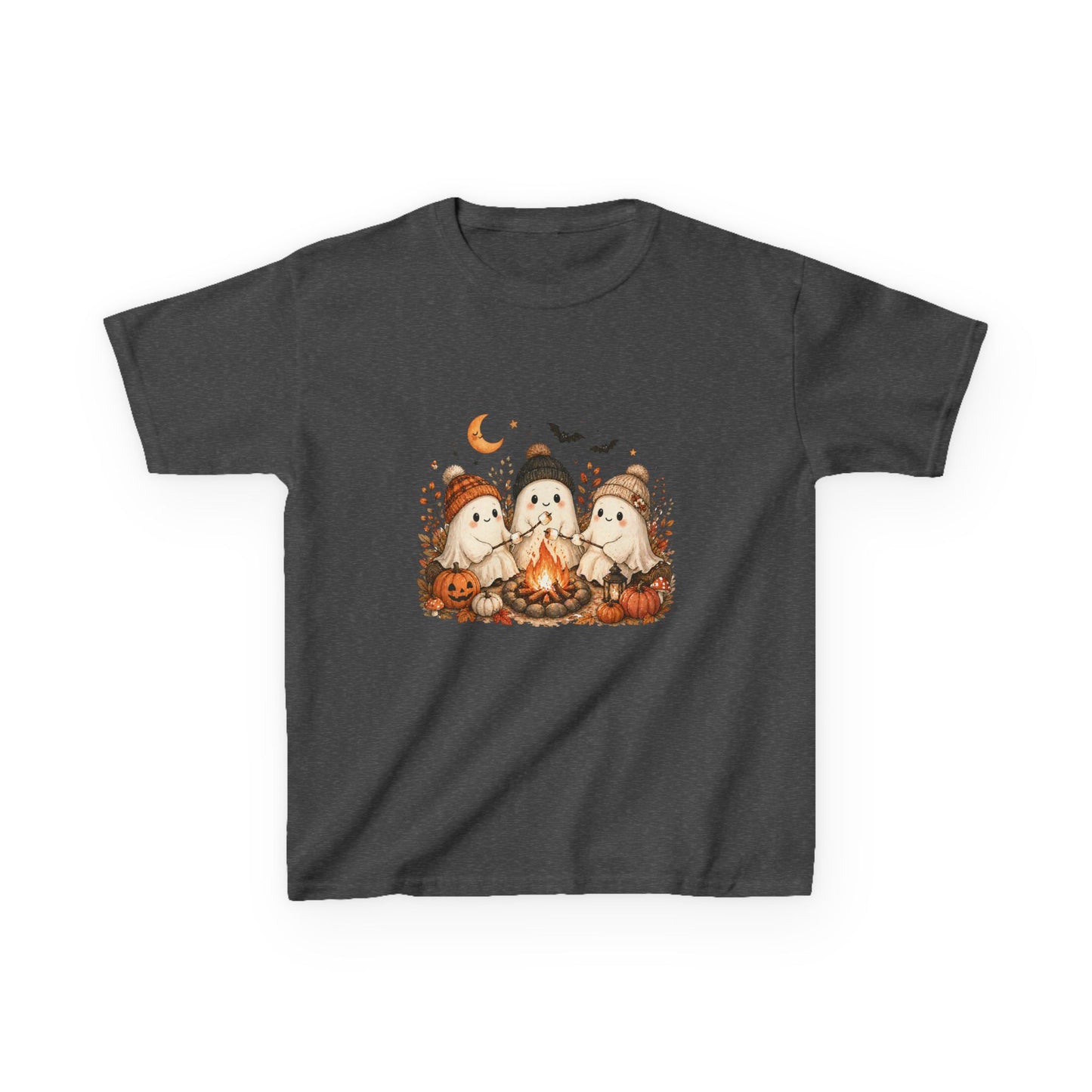 Kids Tee — Cute Halloween Ghosts Campfire Design (Pumpkins, Moon & Bats)