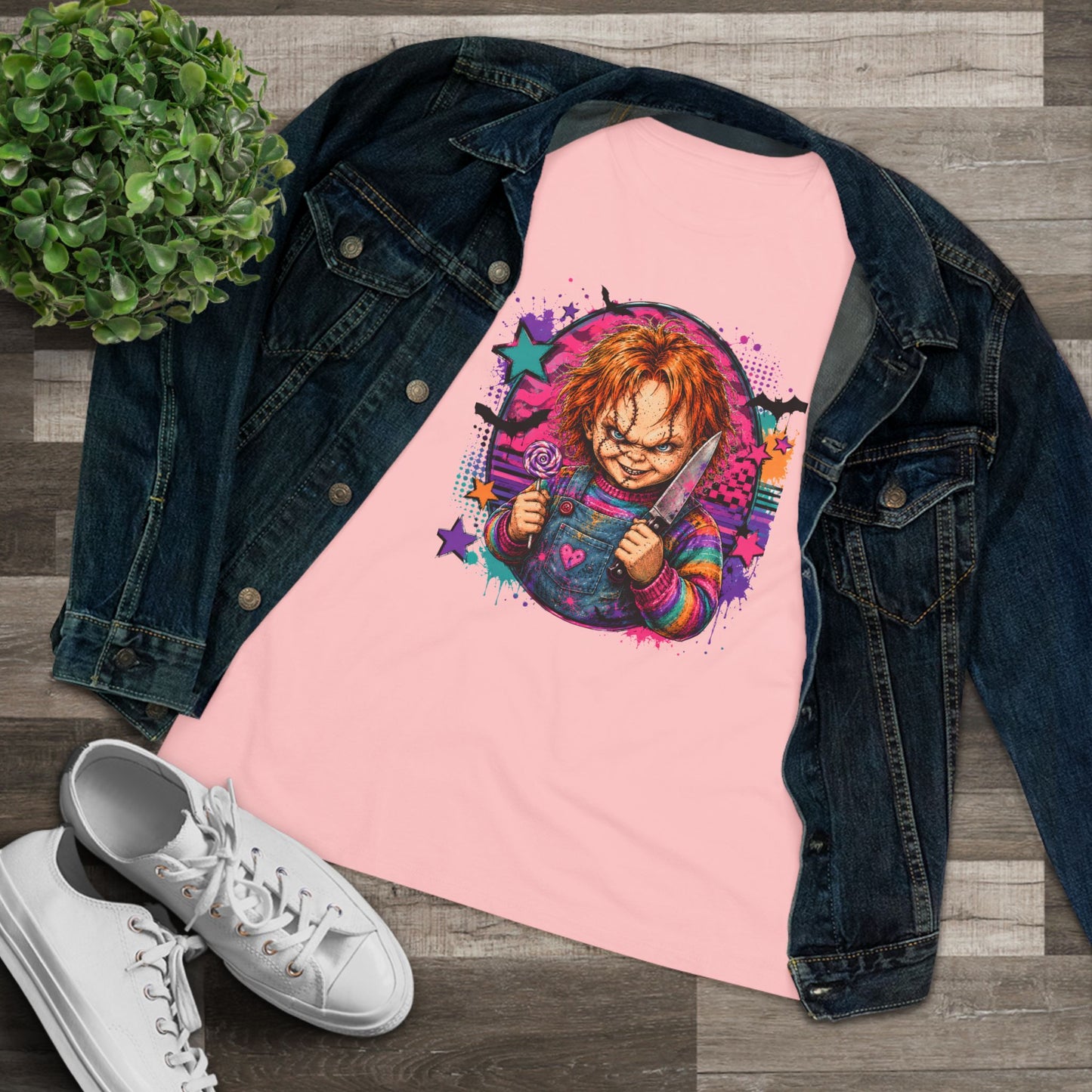Chucky Horror Graphic Tee — Retro Neon Killer Doll Shirt for Women