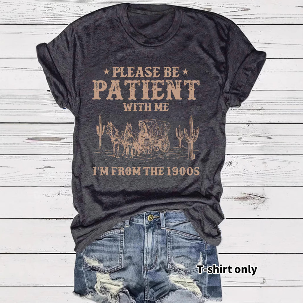 Western denim pattern round neck short sleeved shirt