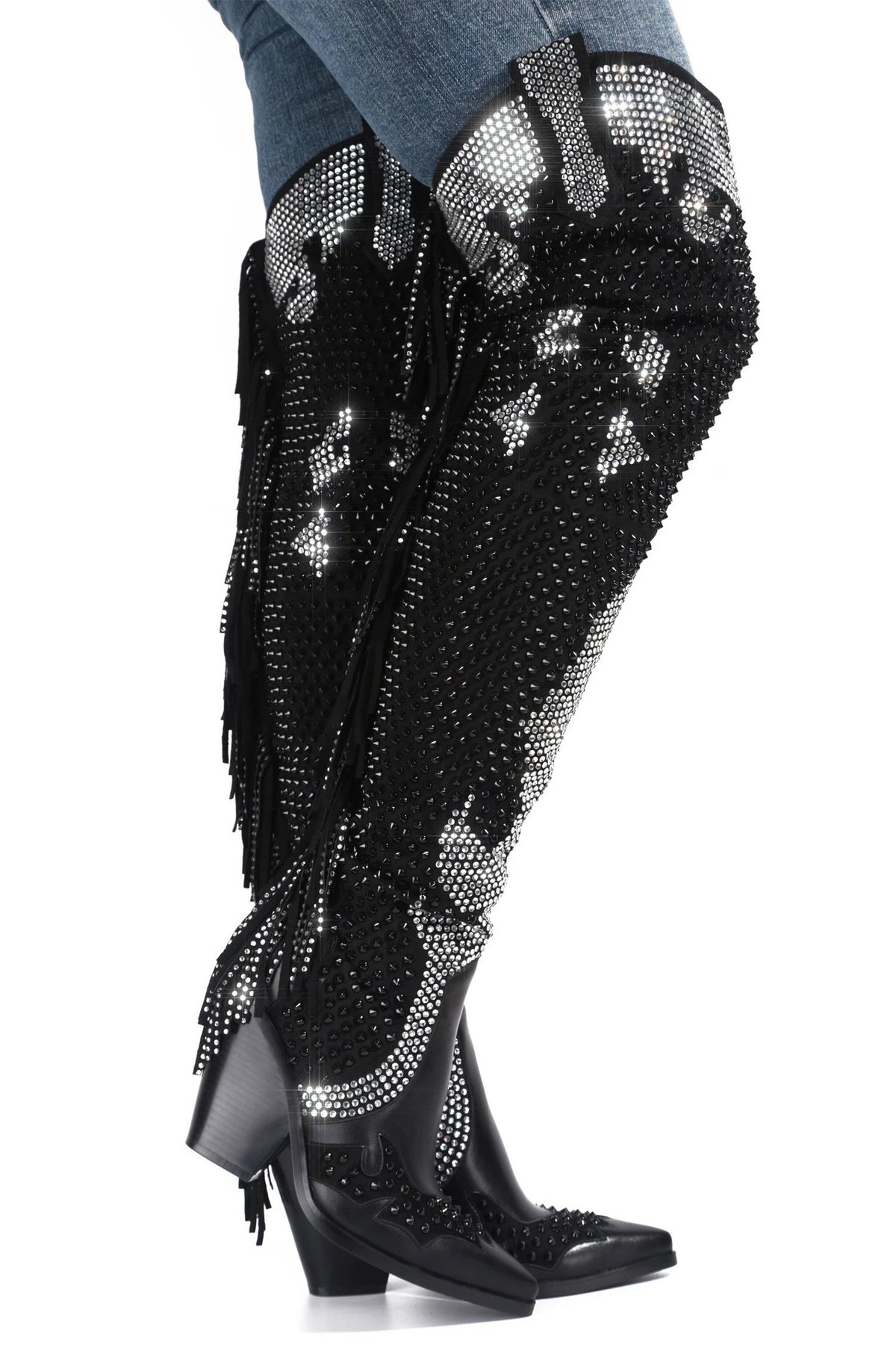 Women Rhinestone Over The Knee Boots Winter Crystal Fringe Western Cowboy Boots Women