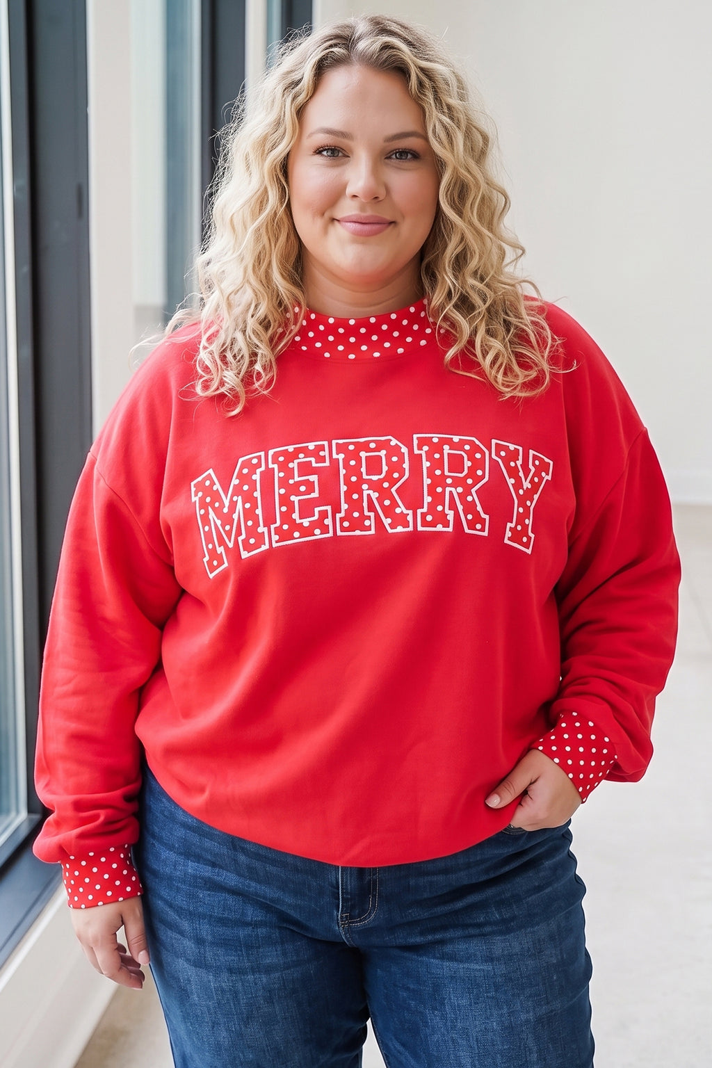 Fiery Red Casual Polka Dot Patchwork Letter Graphic Plus Size Sweatshirt