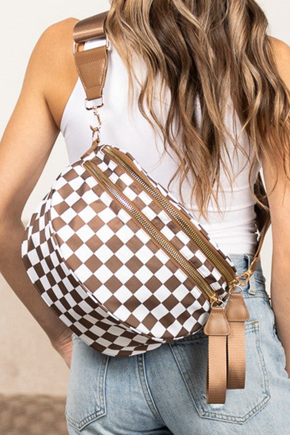 Mist Blue Checkered Print Wide Strap Large Crossbody Bag