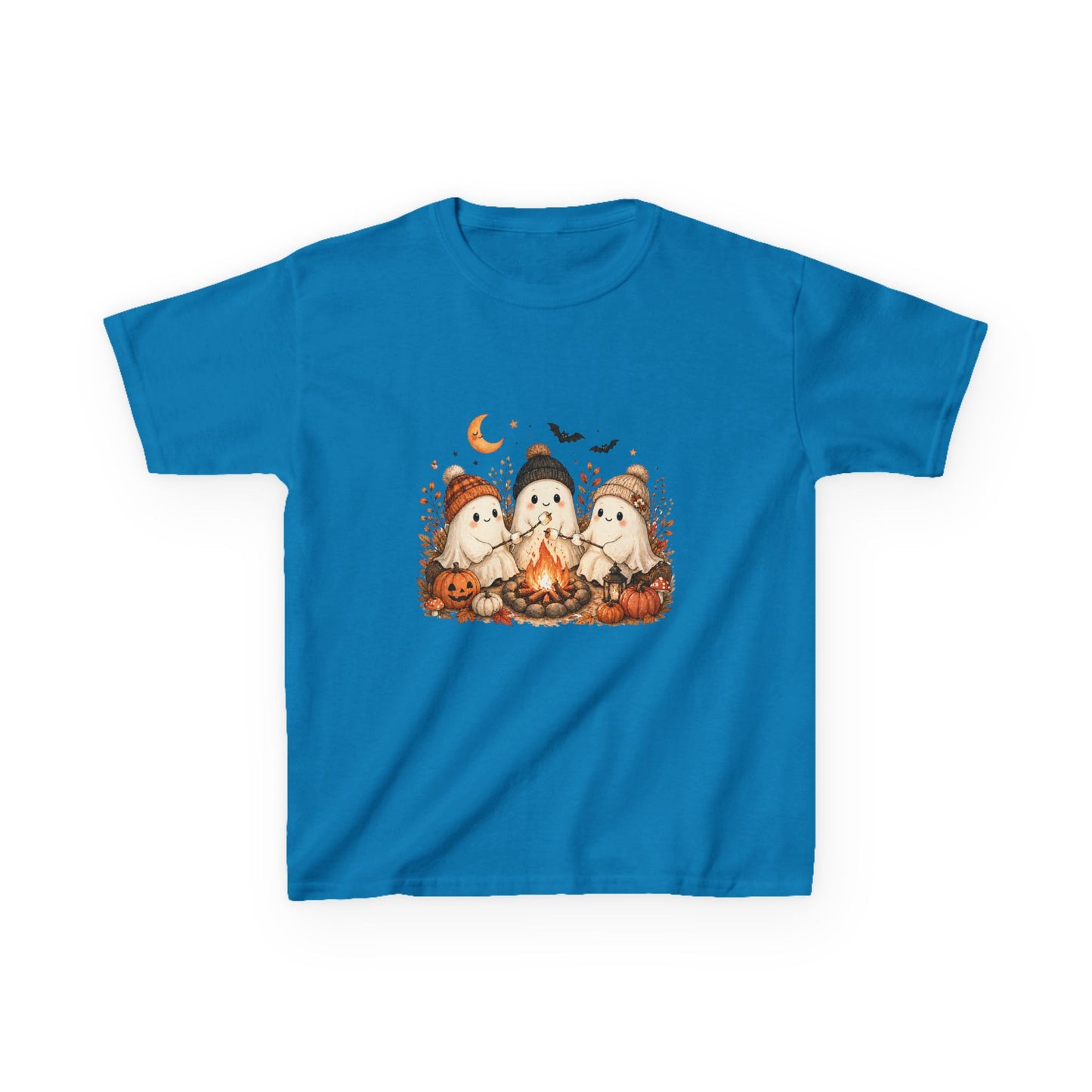 Kids Tee — Cute Halloween Ghosts Campfire Design (Pumpkins, Moon & Bats)