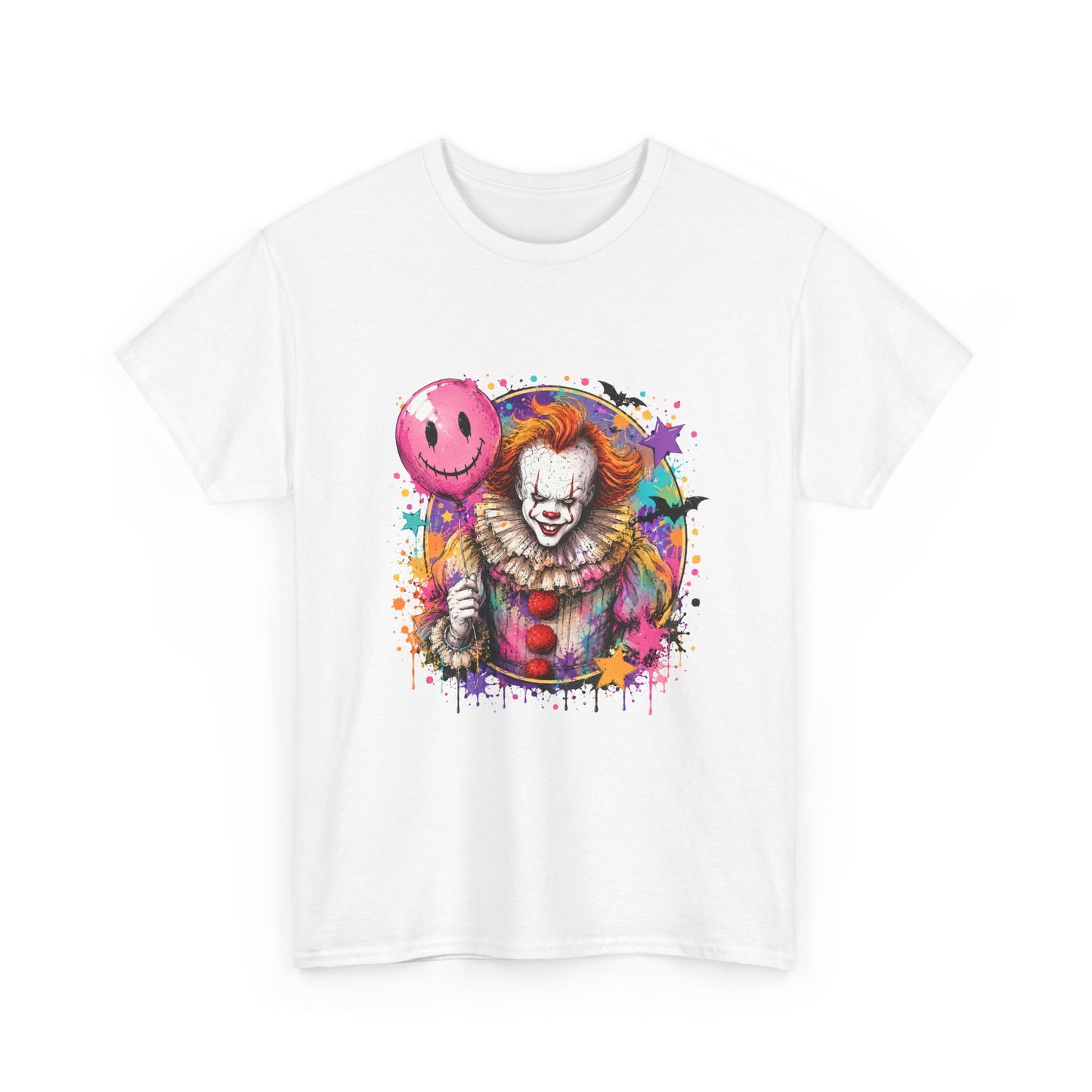 Clown Horror Graphic Tee — Colorful Scary Clown with Pink Balloon
