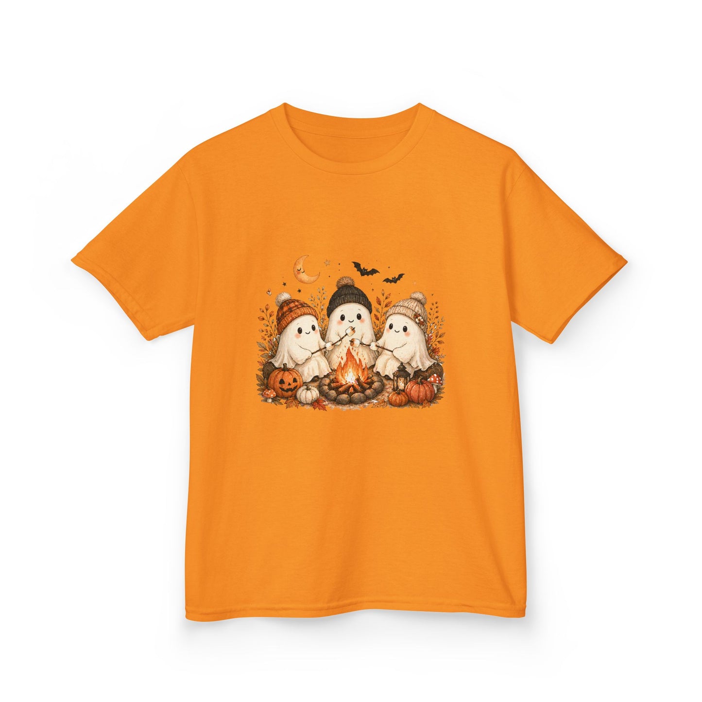 Kids Tee — Cute Halloween Ghosts Campfire Design (Pumpkins, Moon & Bats)