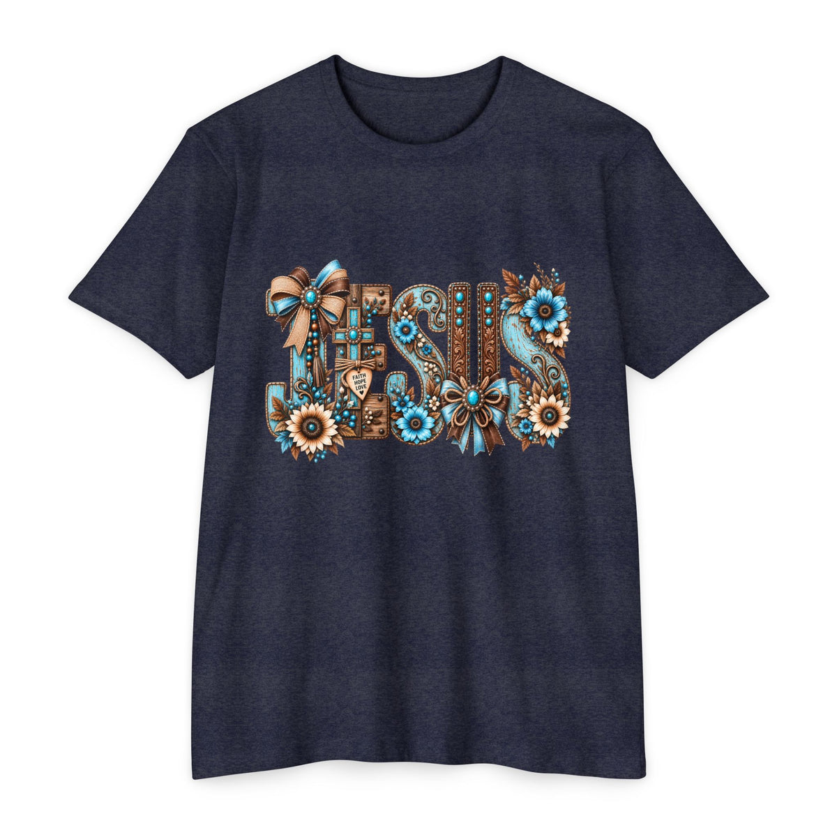 Jesus Floral Typography T-Shirt — Rustic Blue & Brown Christian Tee