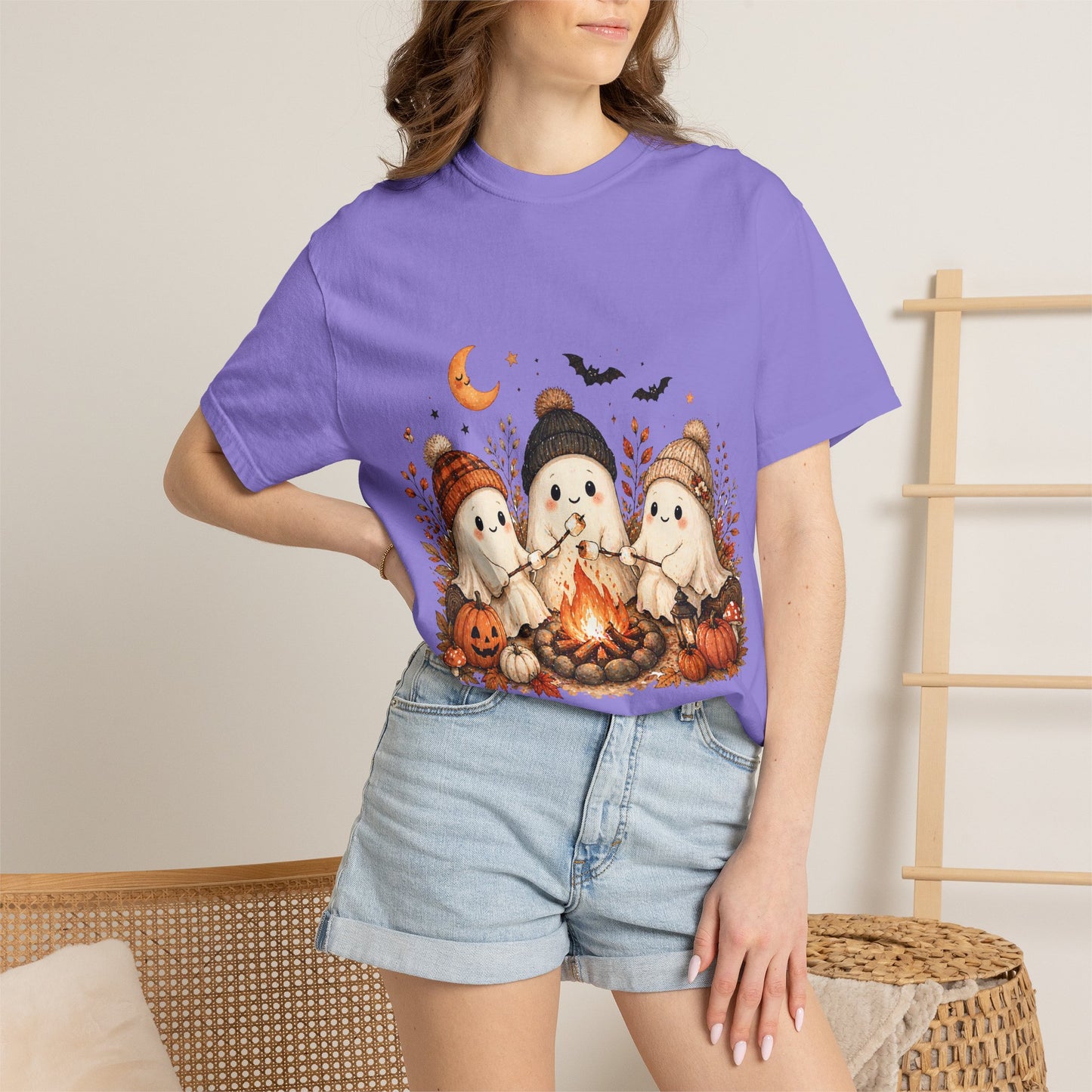 Halloween Ghost Trio Campfire T-Shirt — Cute Spooky Pumpkin Tee