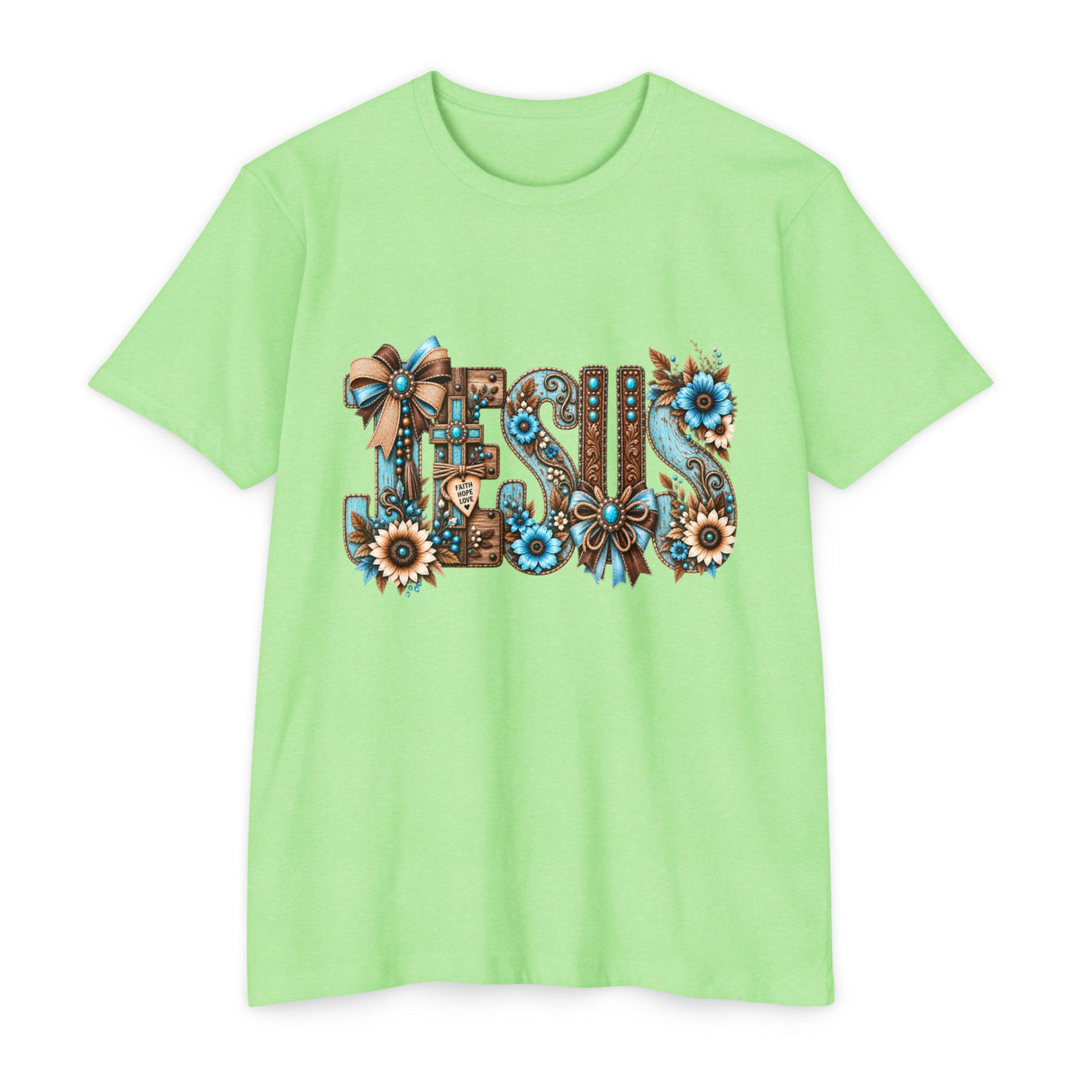 Jesus Floral Typography T-Shirt — Rustic Blue & Brown Christian Tee