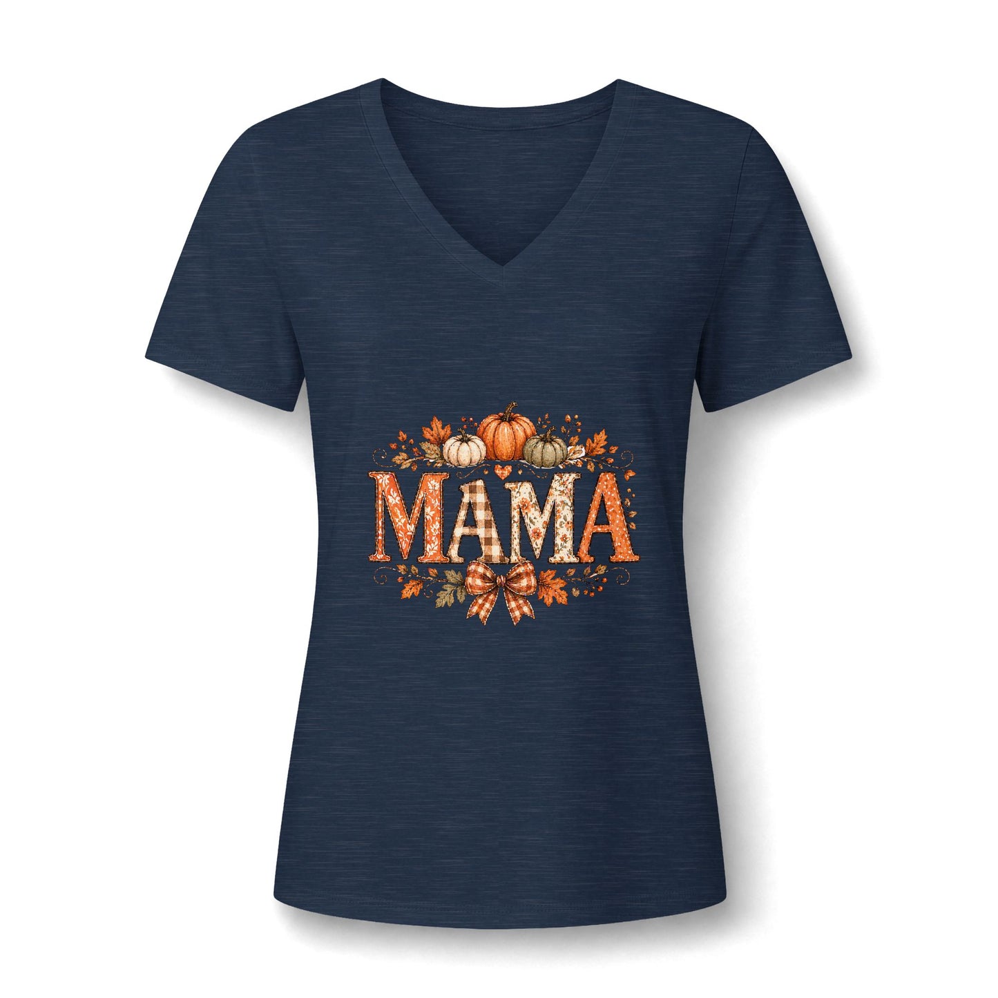 Mama Fall V-Neck Tee — Pumpkin & Autumn Leaves Graphic