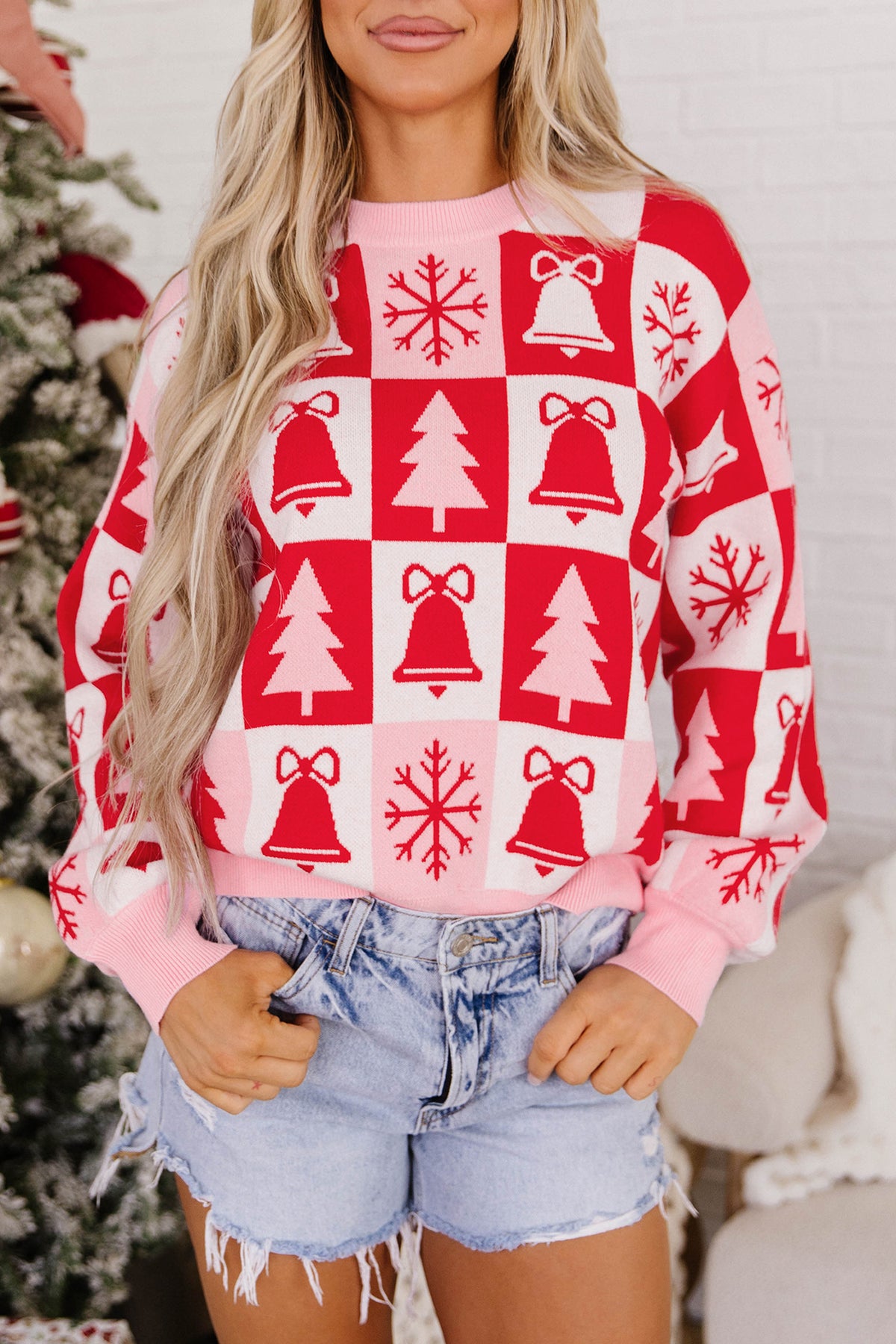 Pink Christmas Plaid Pullover Round Neck Long Sleeve Casual Fit Tunic Knitwear Sweater