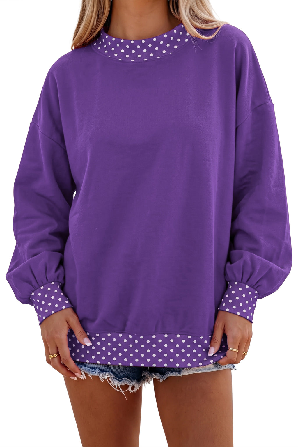 Brown Colorblock Polka Dot Contrast Trim Oversized Sweatshirt