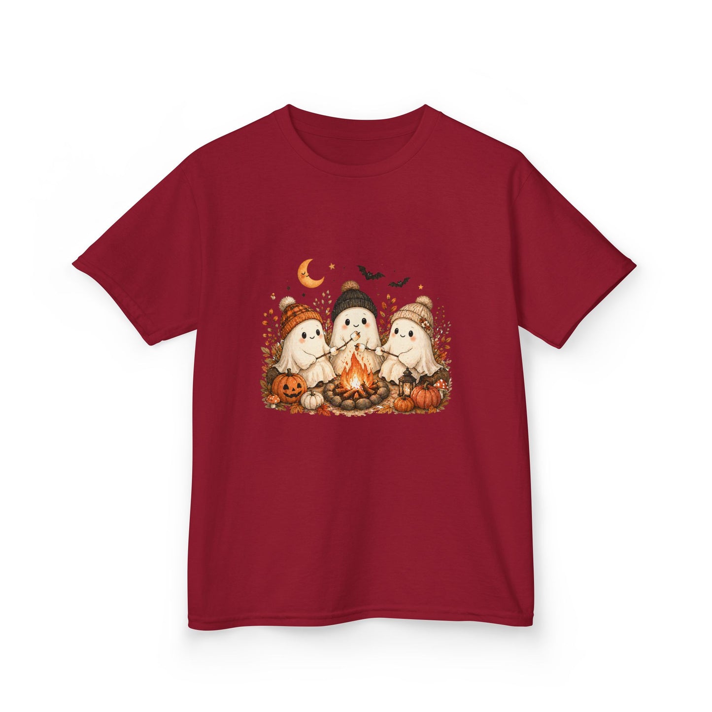 Kids Tee — Cute Halloween Ghosts Campfire Design (Pumpkins, Moon & Bats)