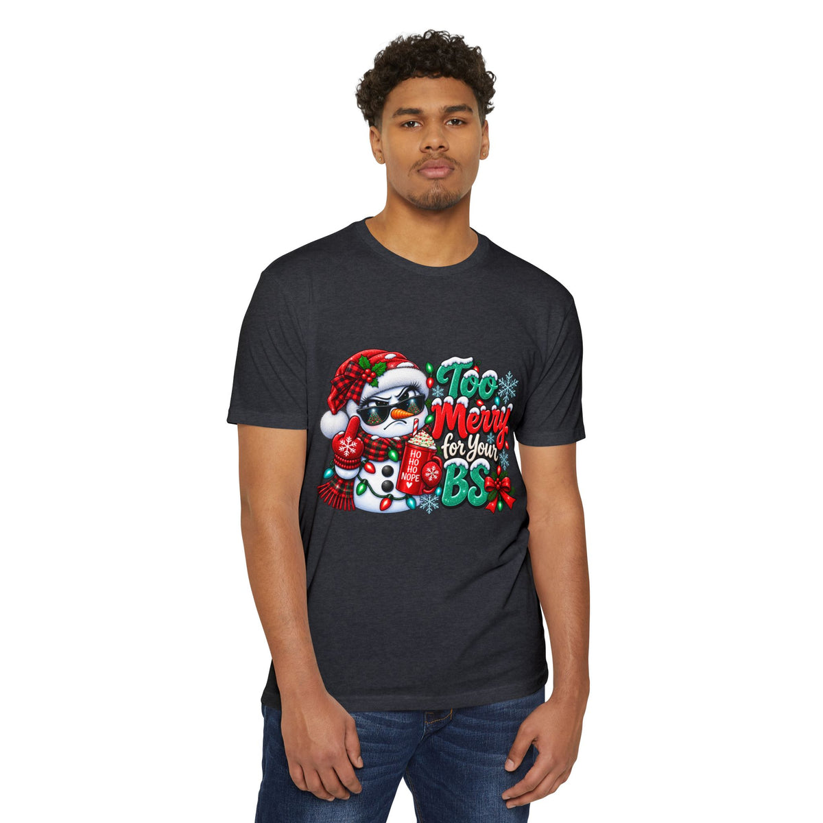 Christmas Penguin T‑Shirt — "Too Merry for Your BS" Funny Holiday Tee