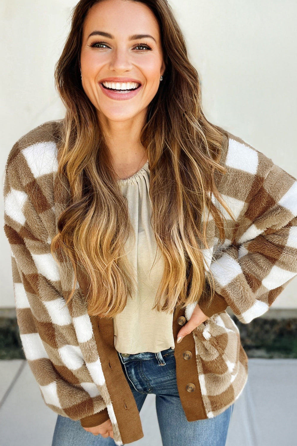 Brown Checkered Sherpa Loose Knit Cardigan with Pockets