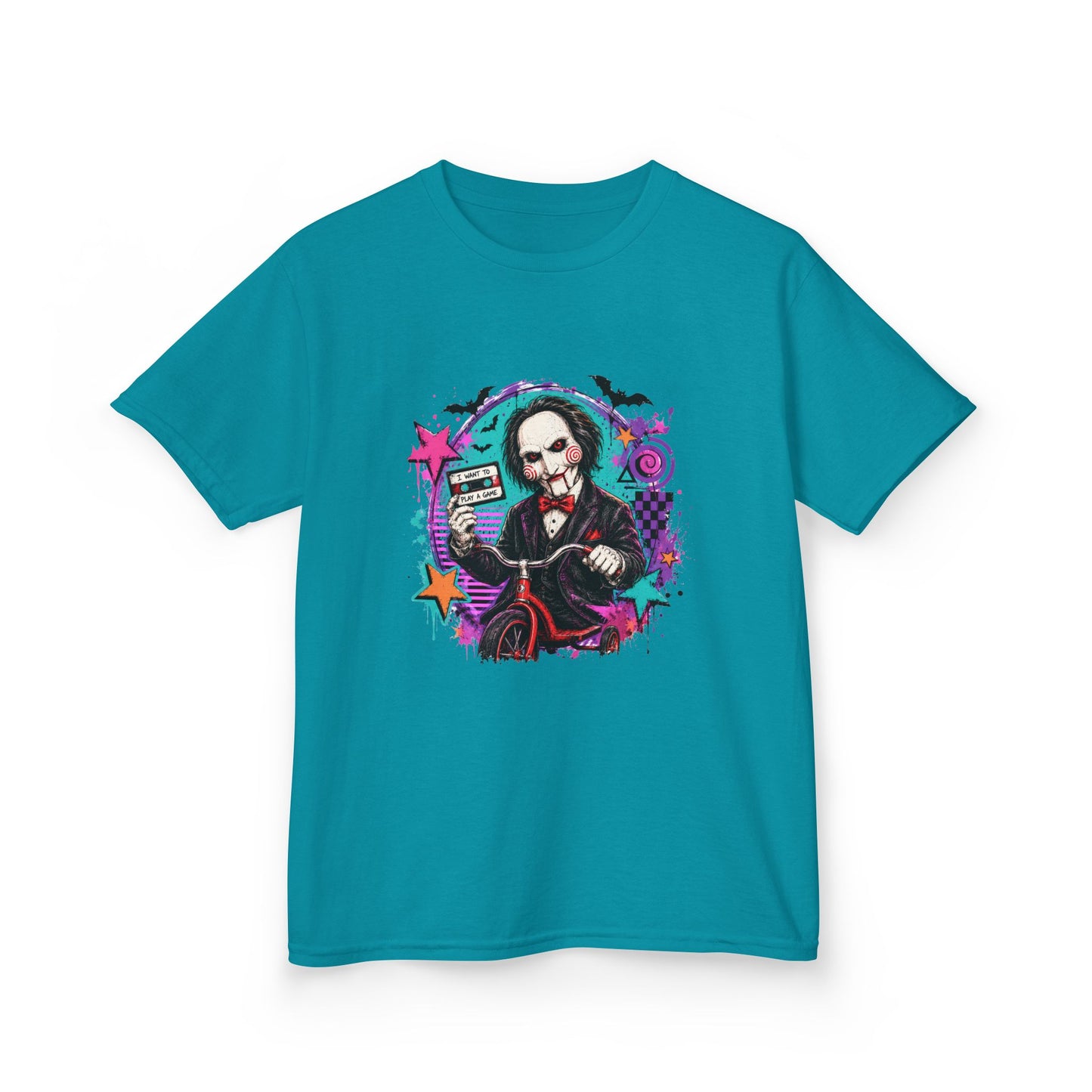 Kids T-Shirt - Colorful Creepy Puppet Horror Design (Saw-Inspired)