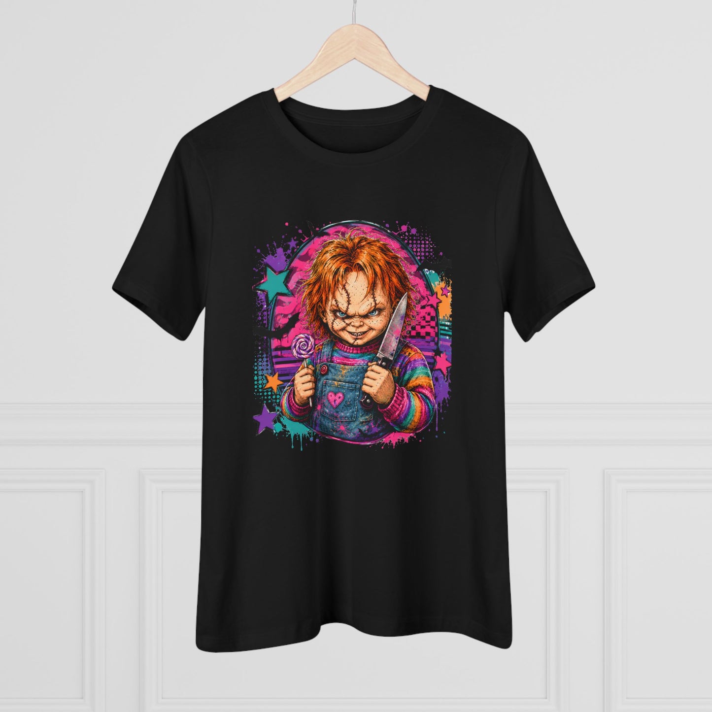 Chucky Horror Graphic Tee — Retro Neon Killer Doll Shirt for Women