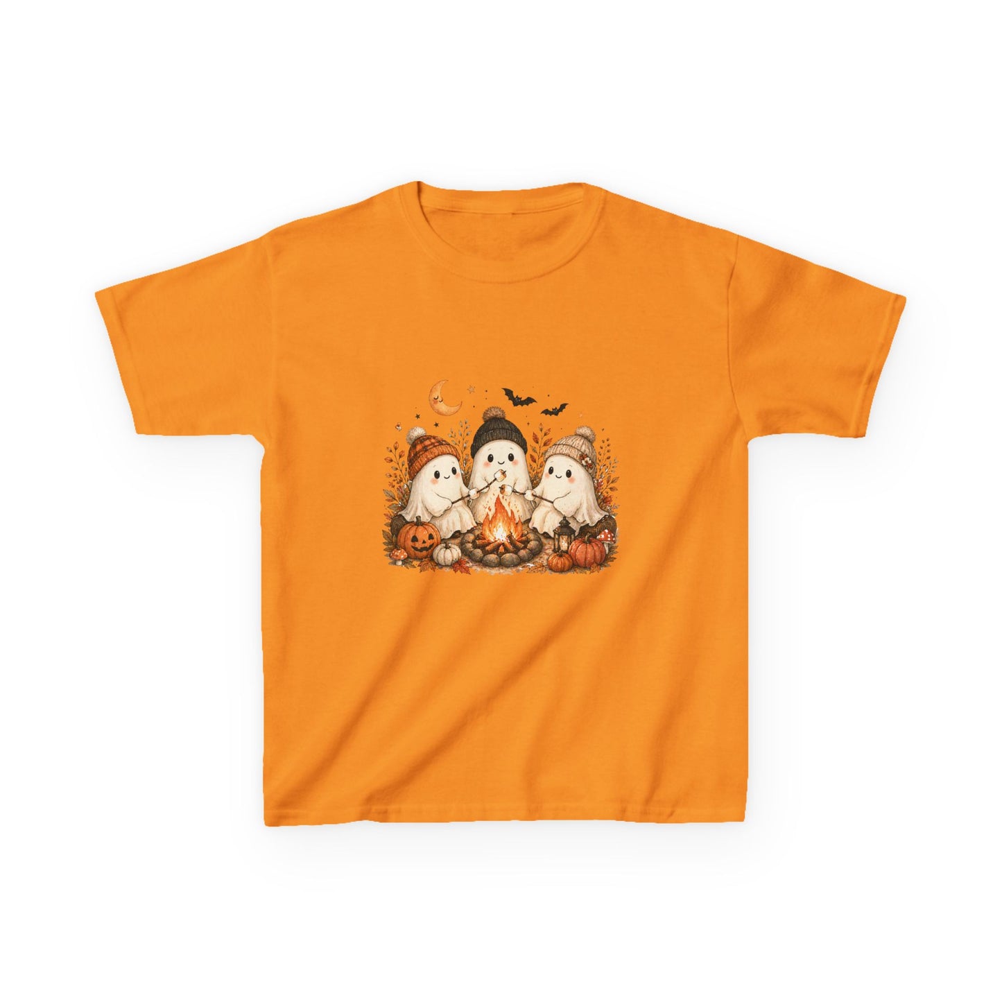 Kids Tee — Cute Halloween Ghosts Campfire Design (Pumpkins, Moon & Bats)