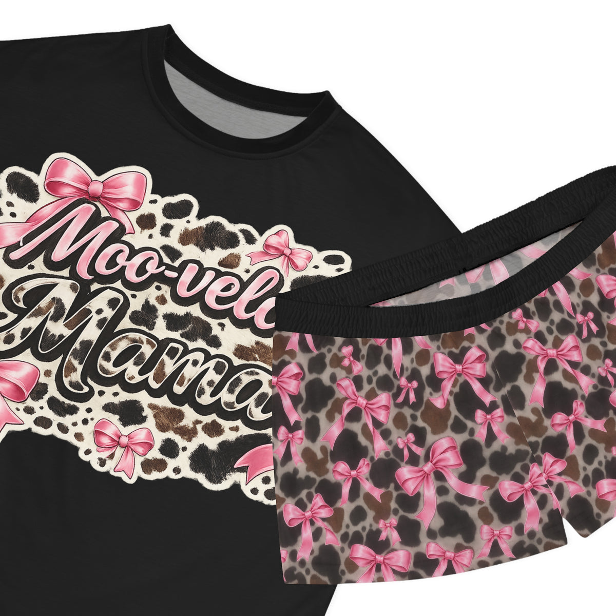 Moo-velous Mama Women's Pajama Set — Pink Cow Print Shorts & Graphic Tee