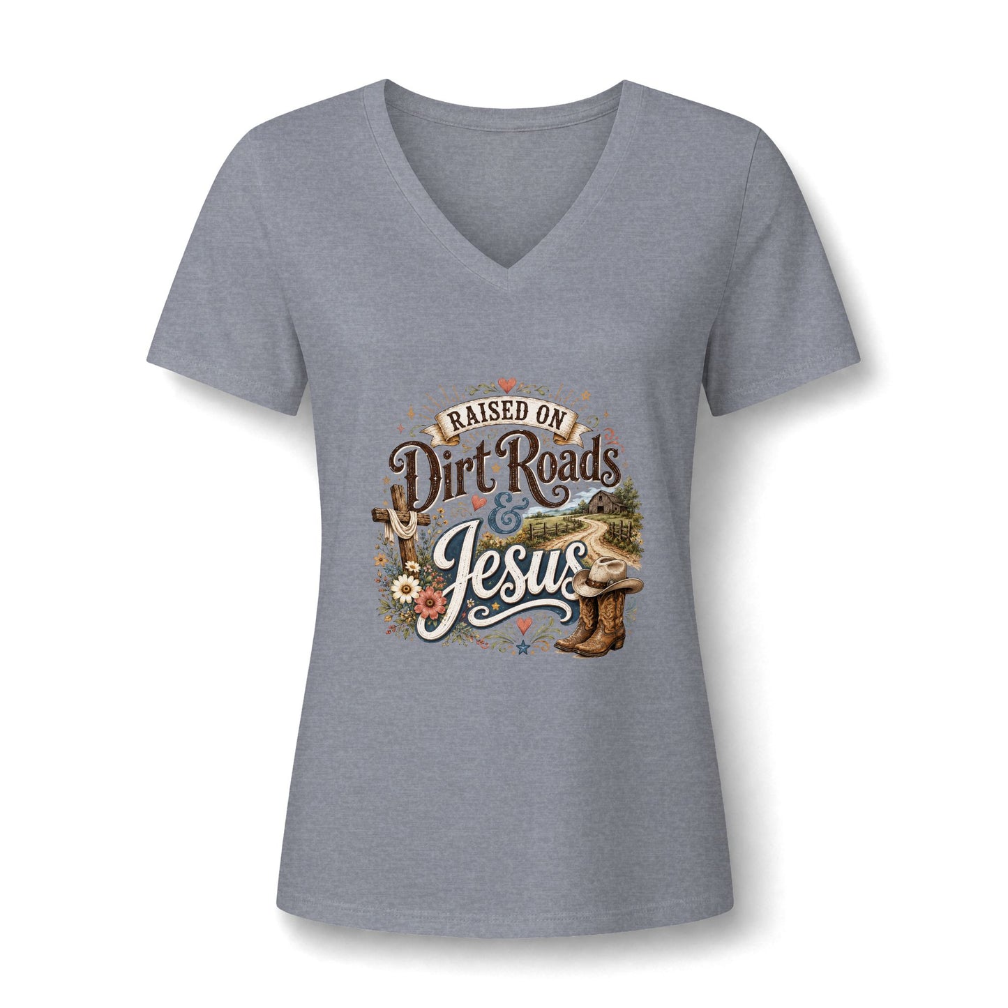 V-Neck Tee — "Raised on Dirt Roads & Jesus" Graphic Women’s Shirt