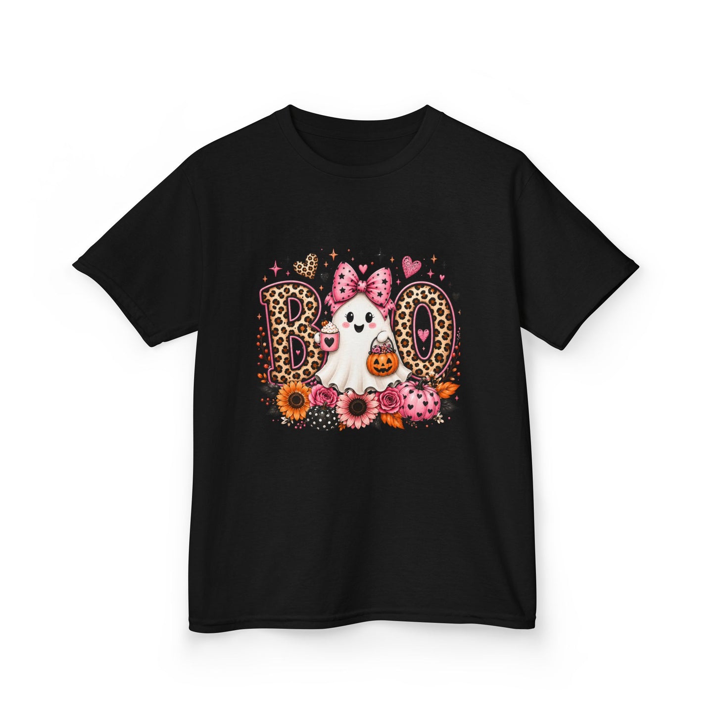 Kids' Halloween 'Boo' Ghost Tee — Cute Leopard Print & Floral Costume Shirt