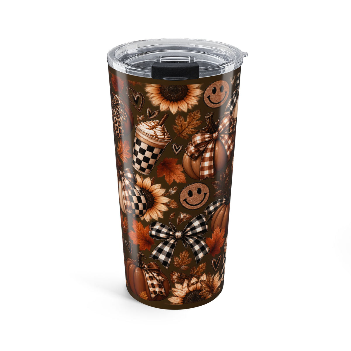 20oz Fall Pumpkin Sunflower Tumbler — Autumn Plaid Smile Travel Cup