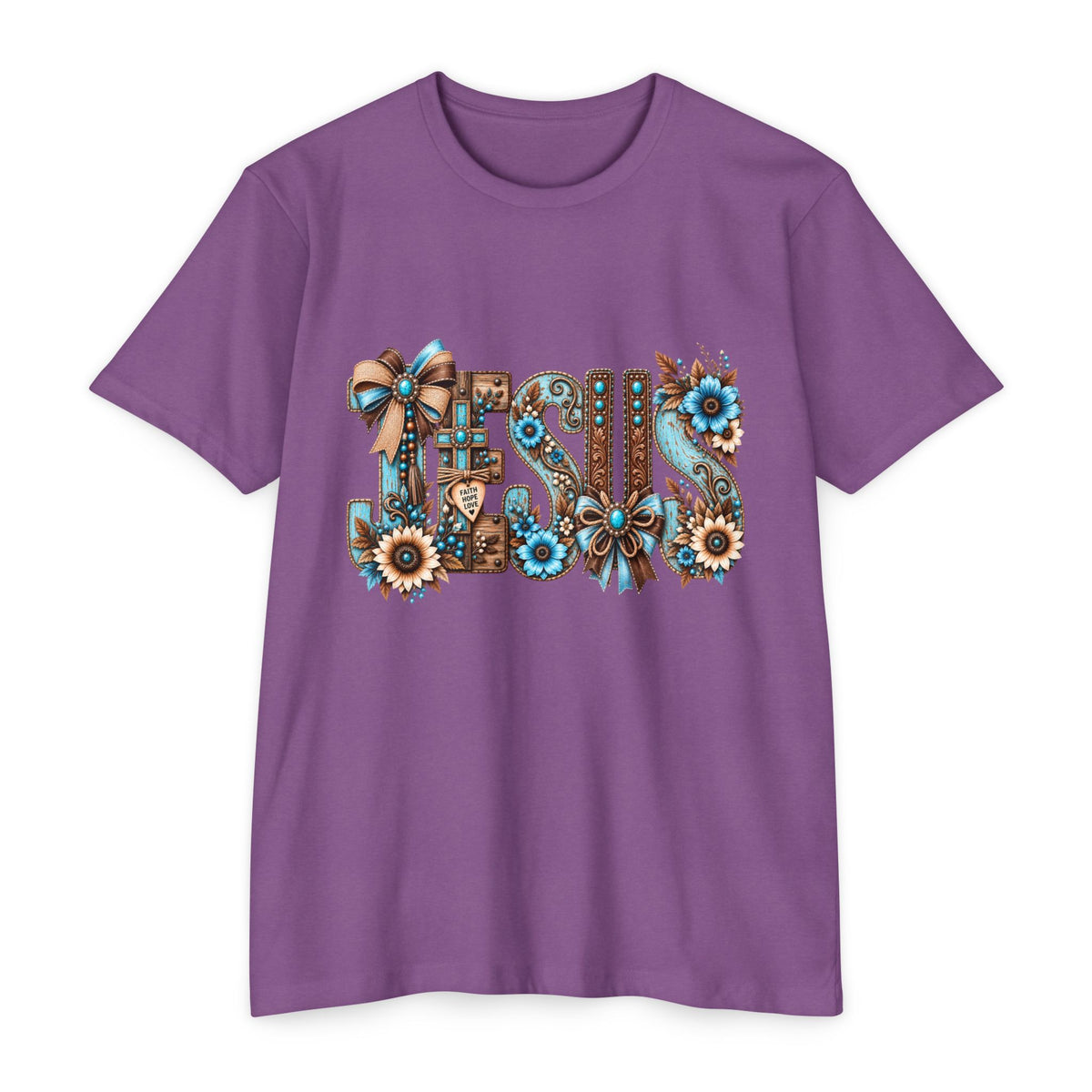 Jesus Floral Typography T-Shirt — Rustic Blue & Brown Christian Tee