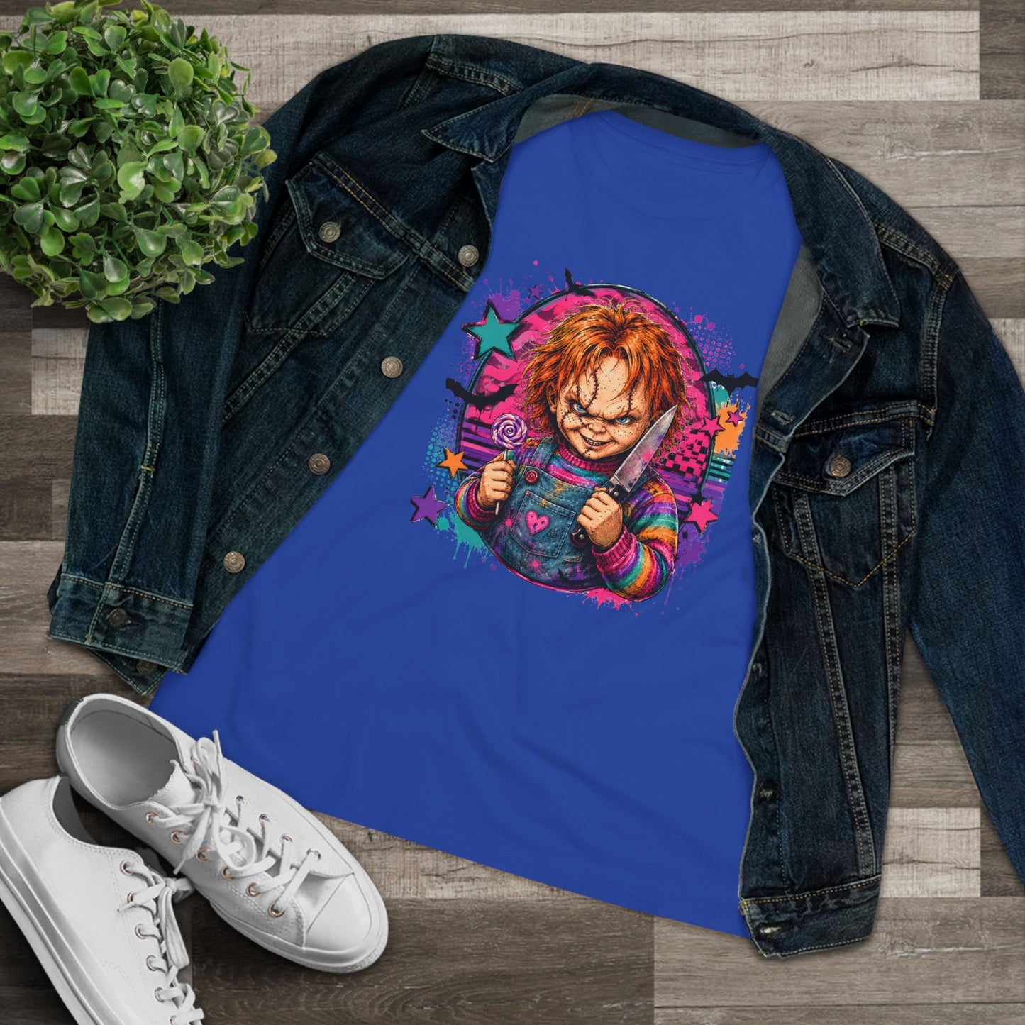 Chucky Horror Graphic Tee — Retro Neon Killer Doll Shirt for Women