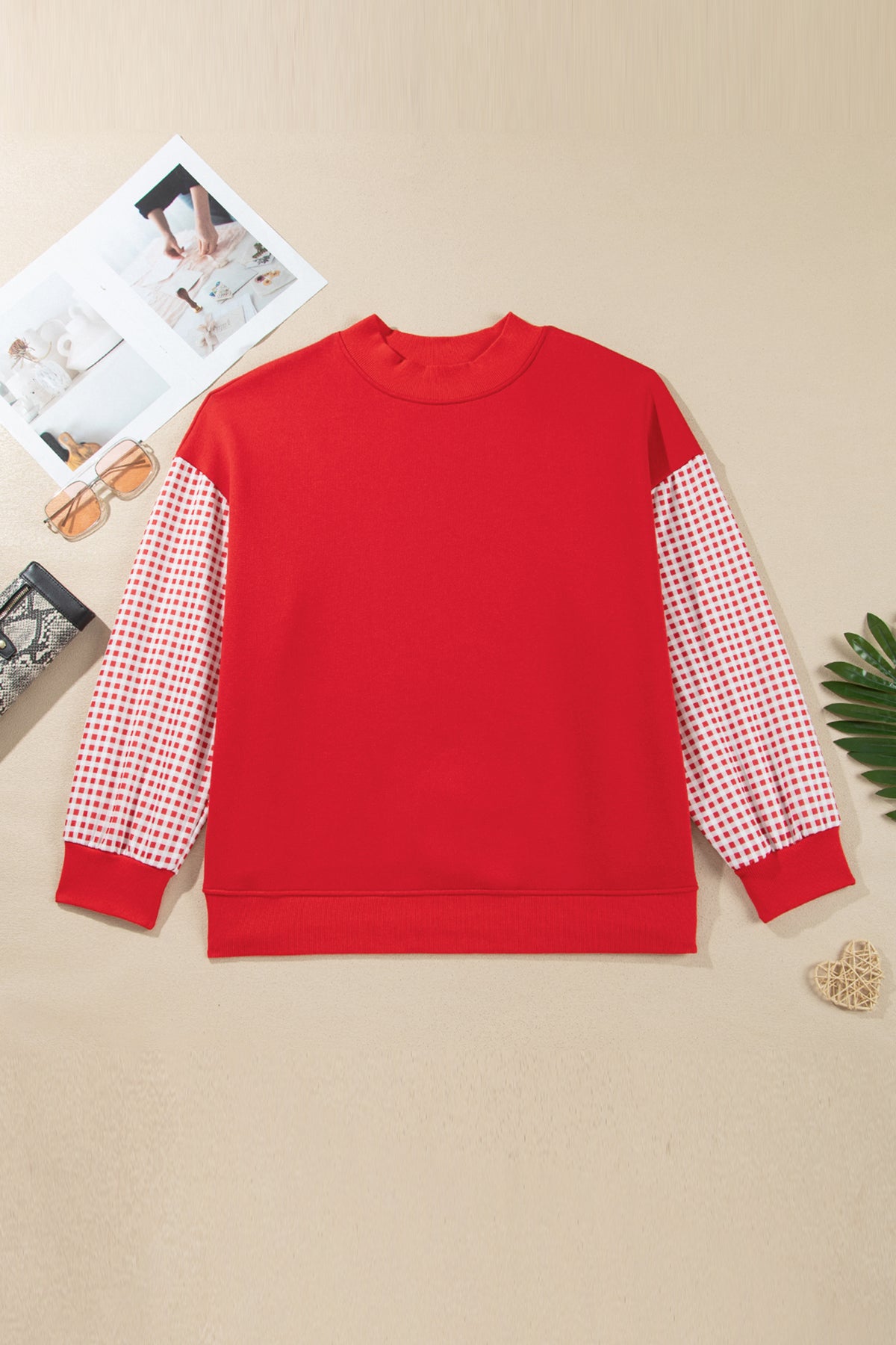 Russet Orange Patchwork Plaid Loose Fit Long Sleeve Plus Size Sweatshirt