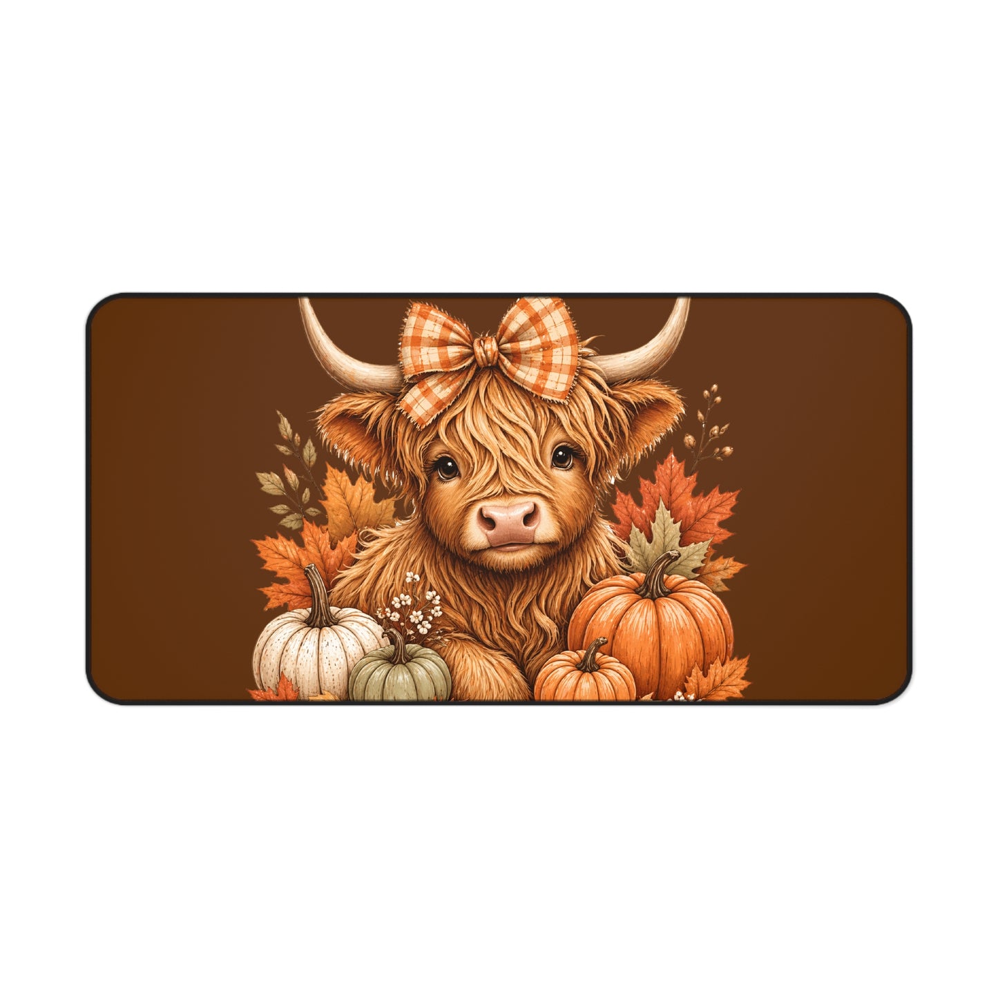 Autumn Highland Cow Desk Mat — Fall Pumpkin & Plaid Bow Mouse Pad