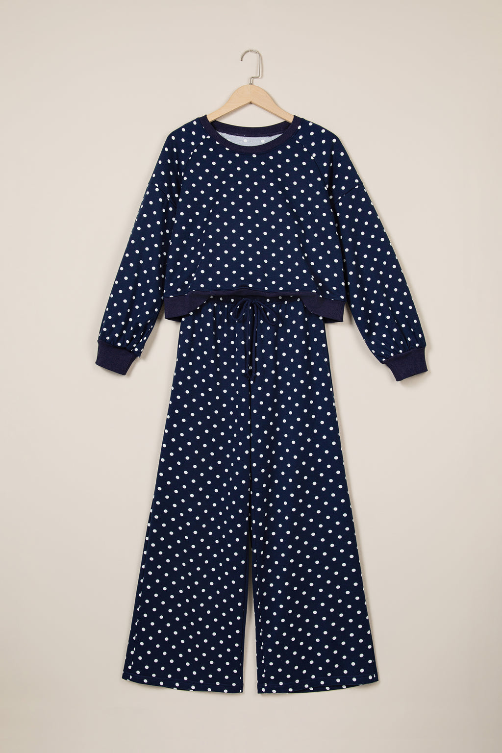 Brown Polka Dot Drawstring Wide Leg Long Sleeve Top Pant Set