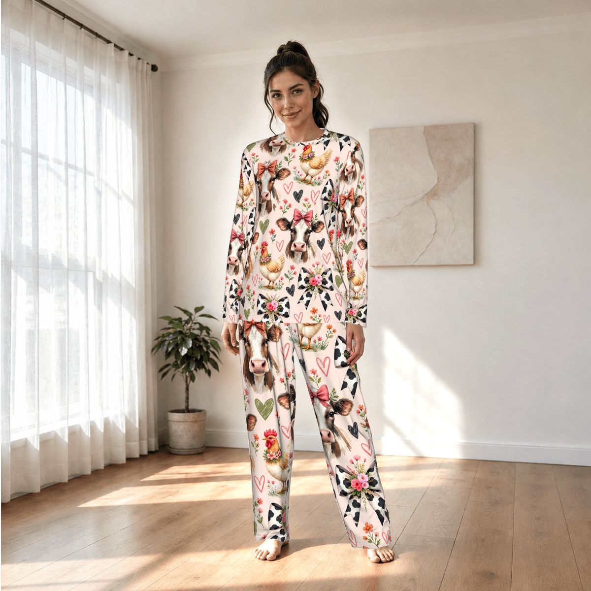 Women's Long Sleeve Pajama Set Whimsical Watercolor Farm Animal Pattern