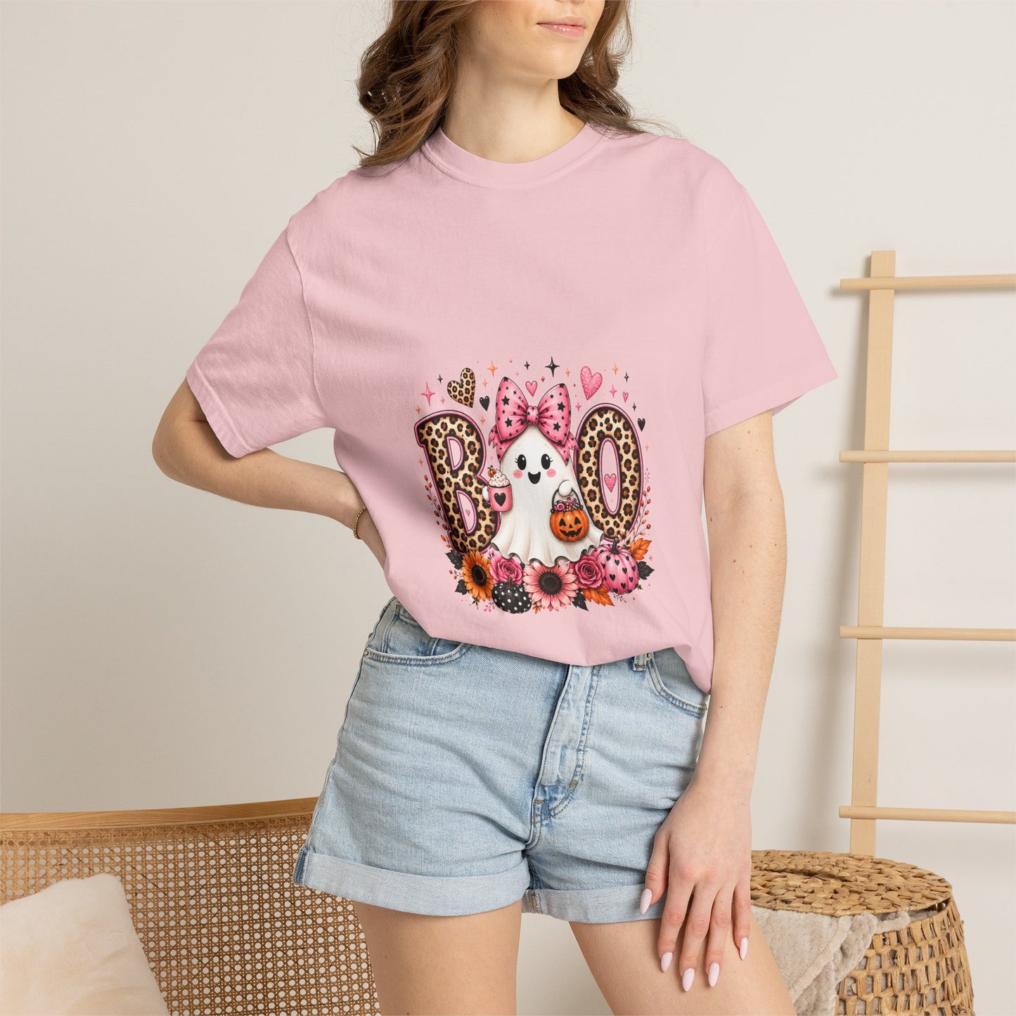 Boo Floral Ghost T-Shirt — Cute Pink Leopard Halloween Tee