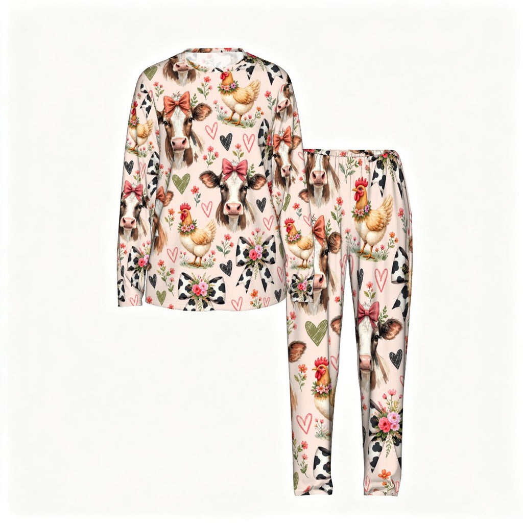 Women's Long Sleeve Pajama Set Whimsical Watercolor Farm Animal Pattern