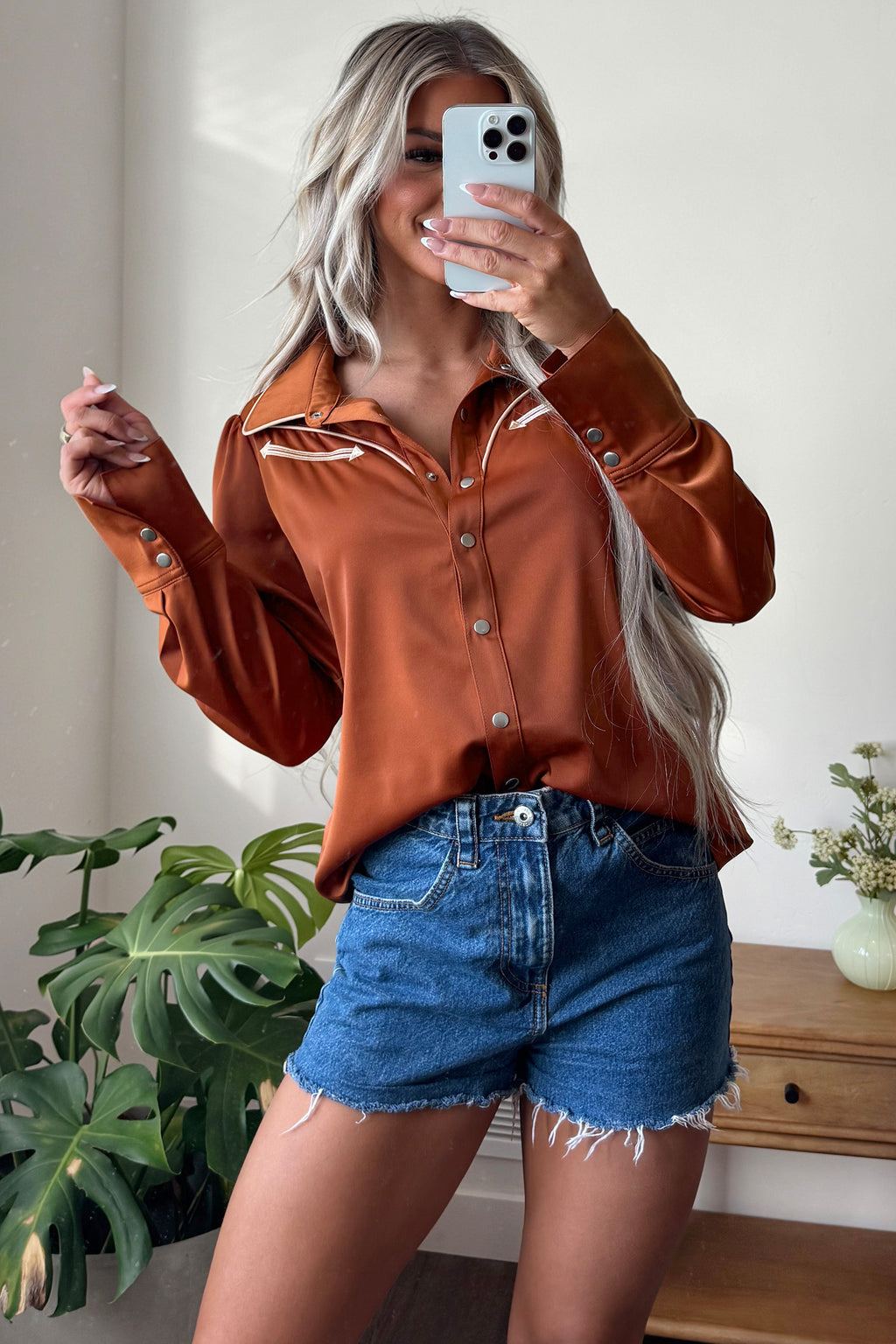 Cinnamon Silky Long Sleeve Button Front Western Fashion Shirt