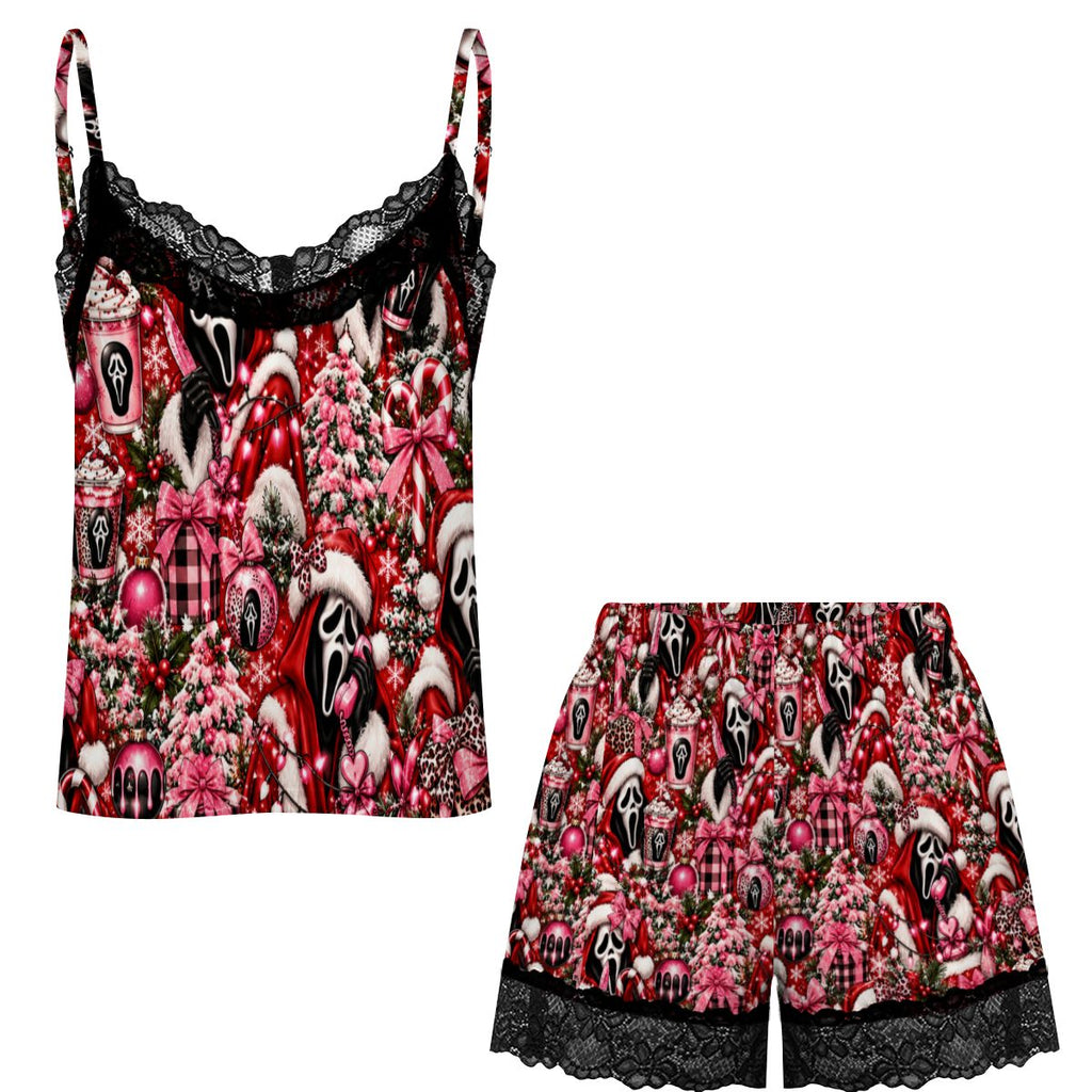 Women Cami Lace Pajama Set Festive Ghostface Christmas Pattern