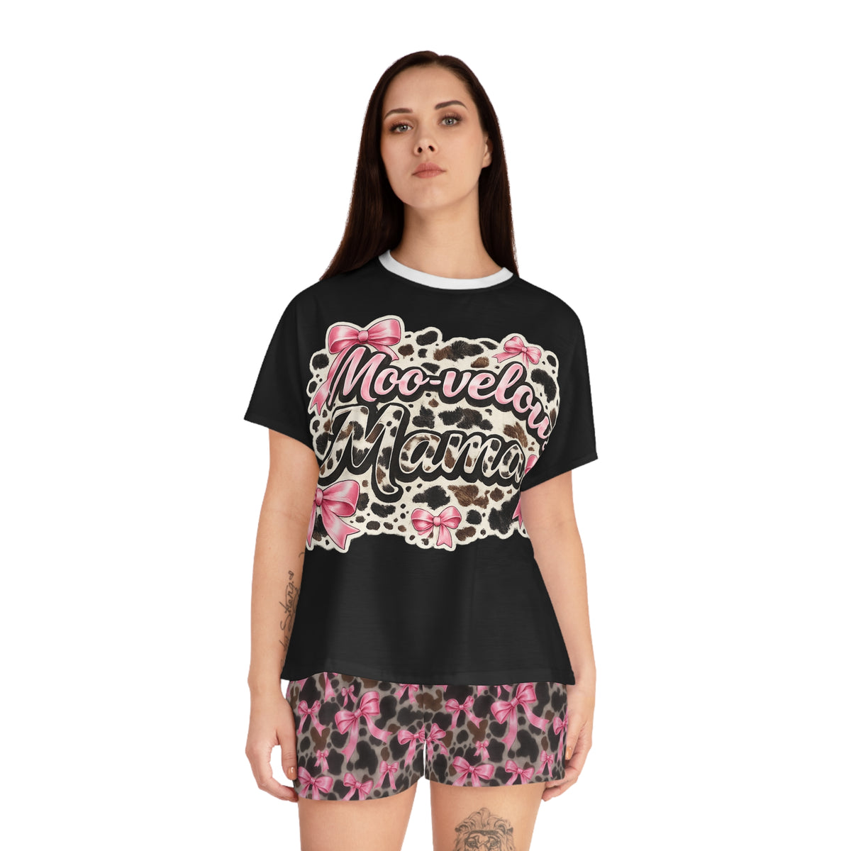 Moo-velous Mama Women's Pajama Set — Pink Cow Print Shorts & Graphic Tee