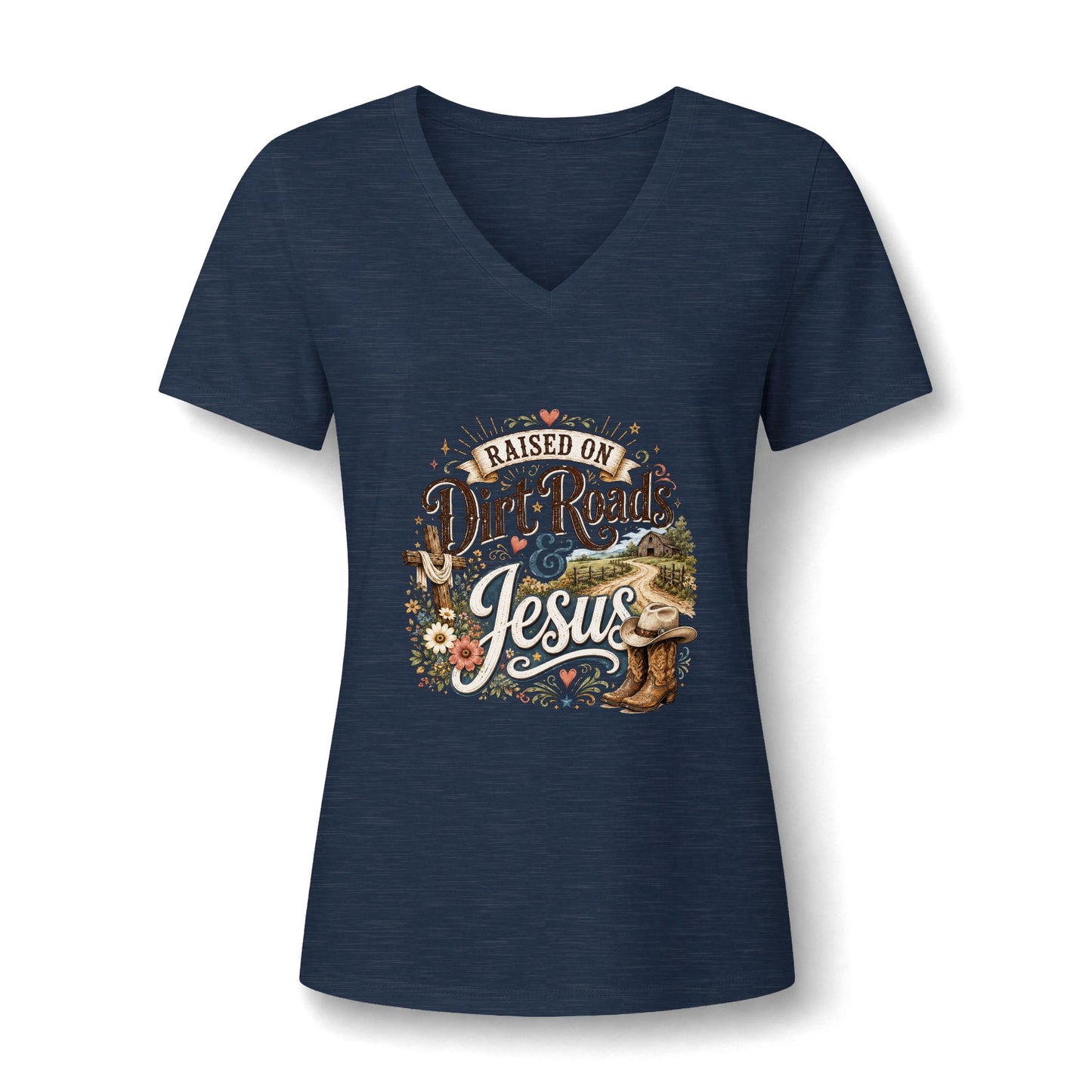 V-Neck Tee — "Raised on Dirt Roads & Jesus" Graphic Women’s Shirt